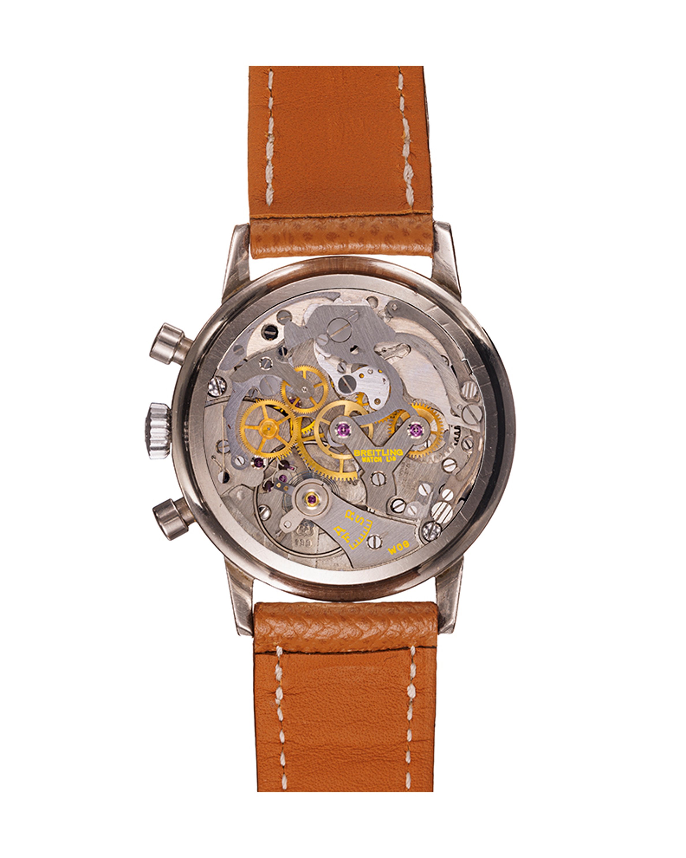 {generated} 百年靈Top Time ref.2002 Venus 188,黑色錶盤搭配銀色小錶盤與淺棕色皮革錶帶。