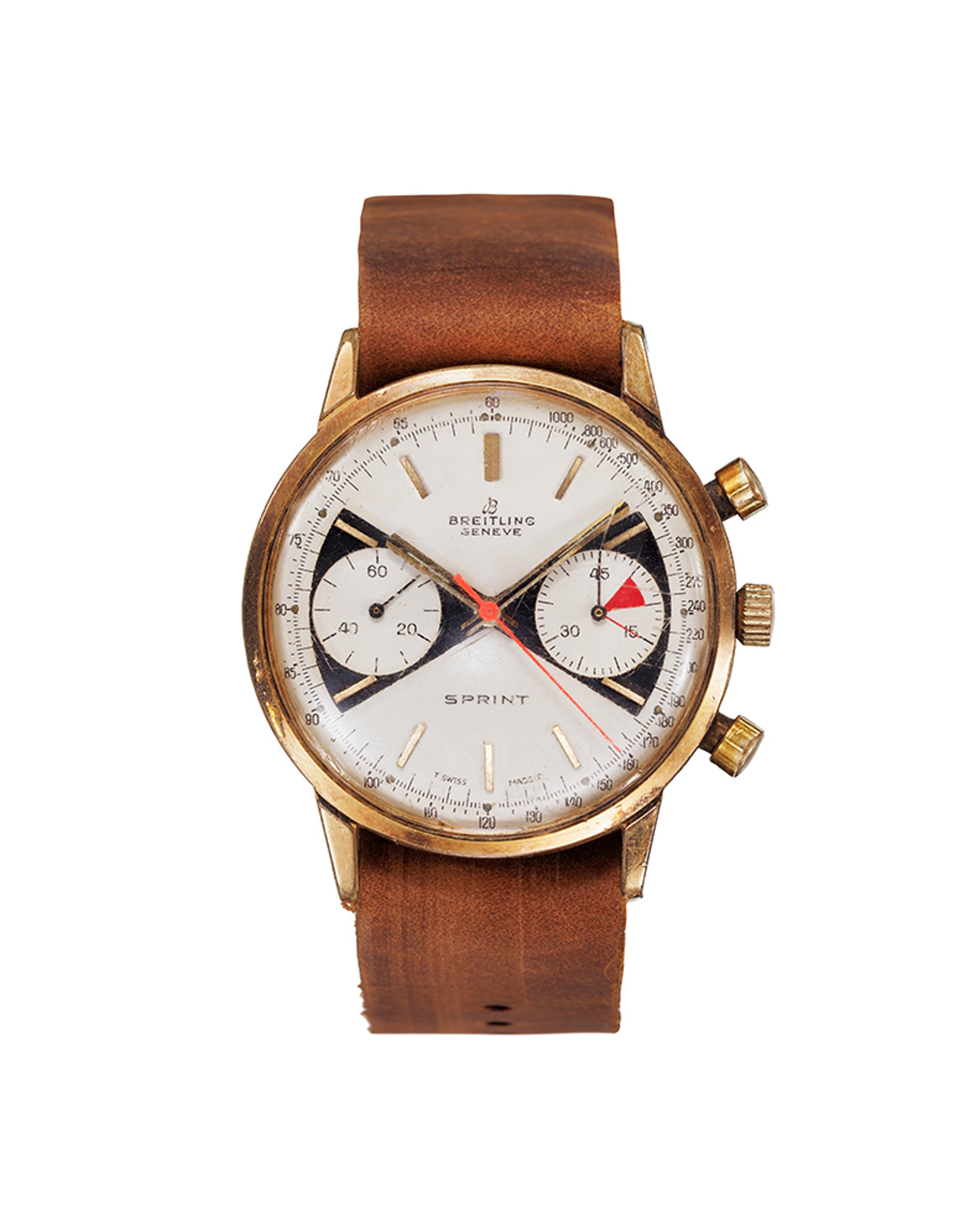 {generated} 復古Breitling Top Time Sprint 2000-33搭載Valjoux 7733機芯,配金色錶殼與棕色皮革錶帶。