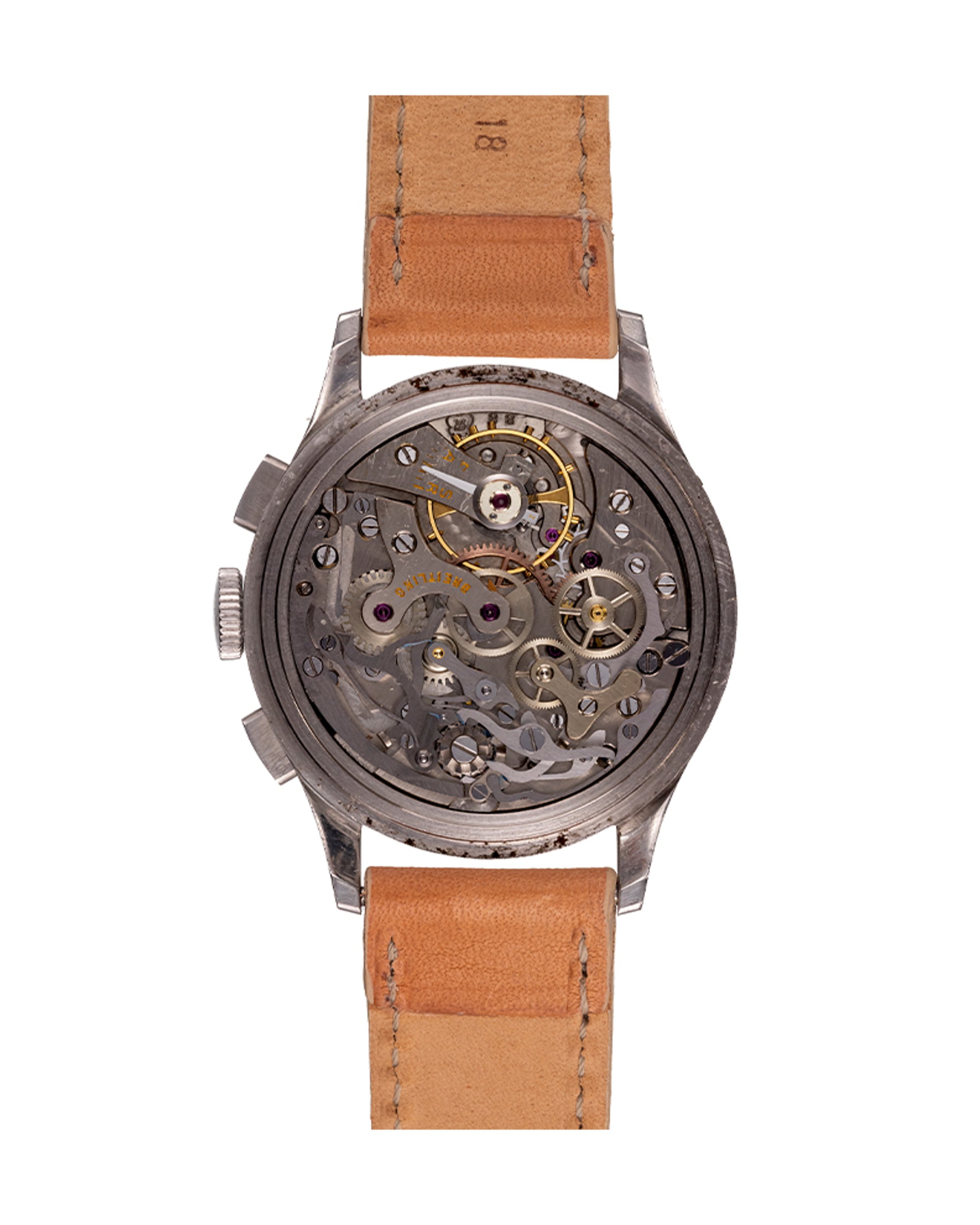 {generated} Breitling Datora ref.805 Valjoux 88 presented on a tan leather strap with a vintage cream dial, chronograph and moonphase