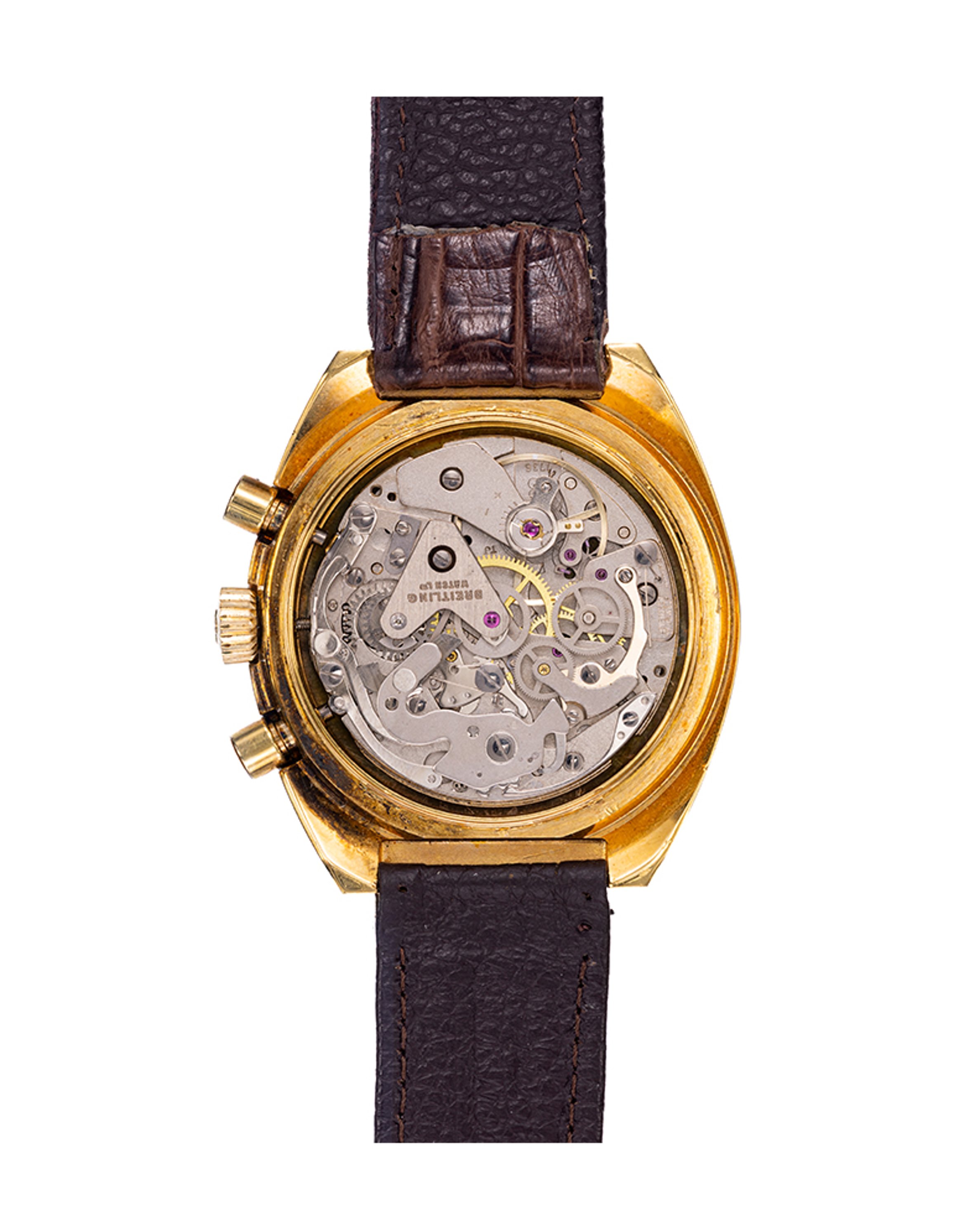 {generated} Breitling Top Time Square Long Playing ref.1450,搭載金色錶殼與錶盤及棕色皮革錶帶的計時碼錶。