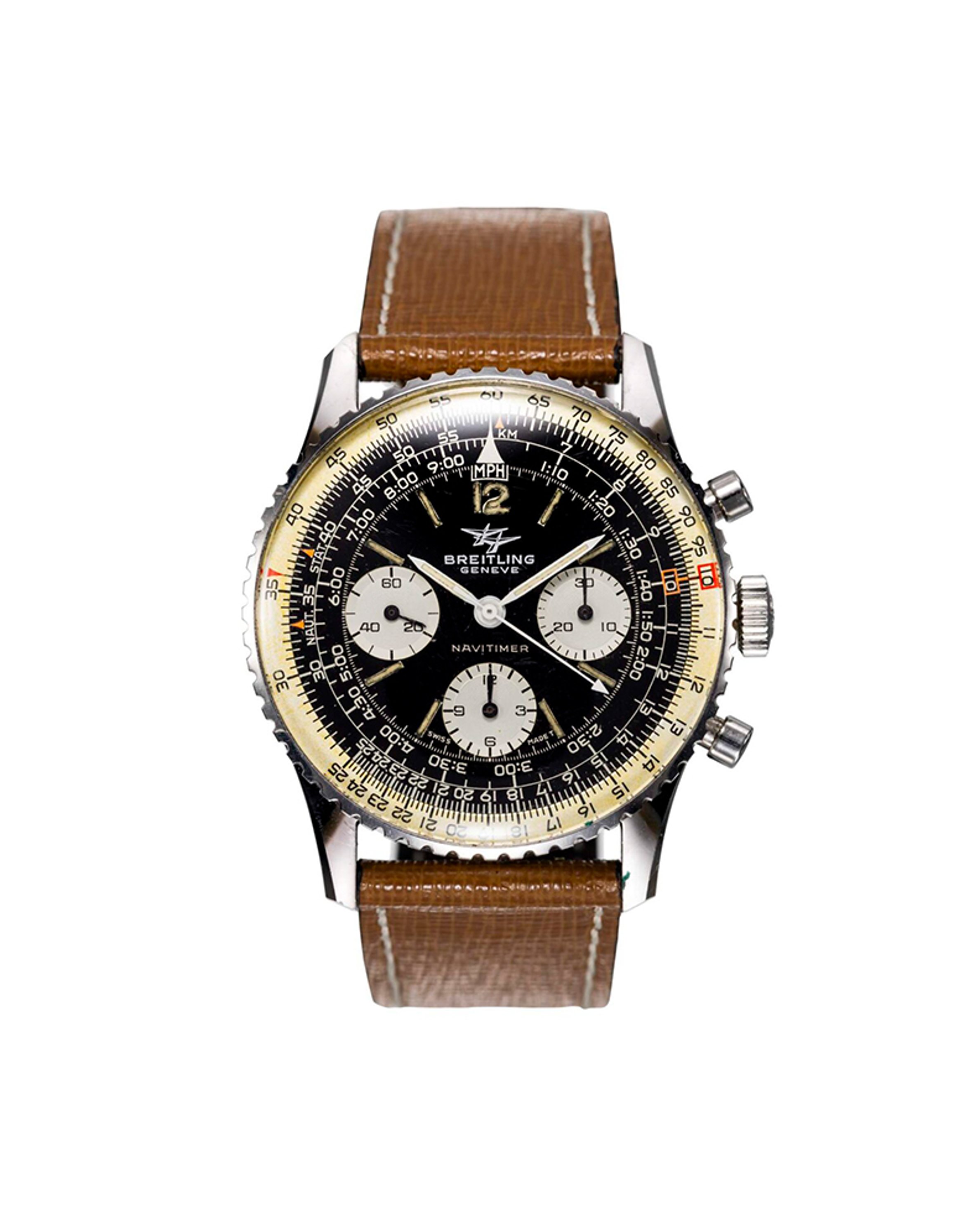 {generated} Breitling Navitimer Mk7 ref.806 Venus 178 with a black dial, tri-compax chronograph layout and brown leather strap
