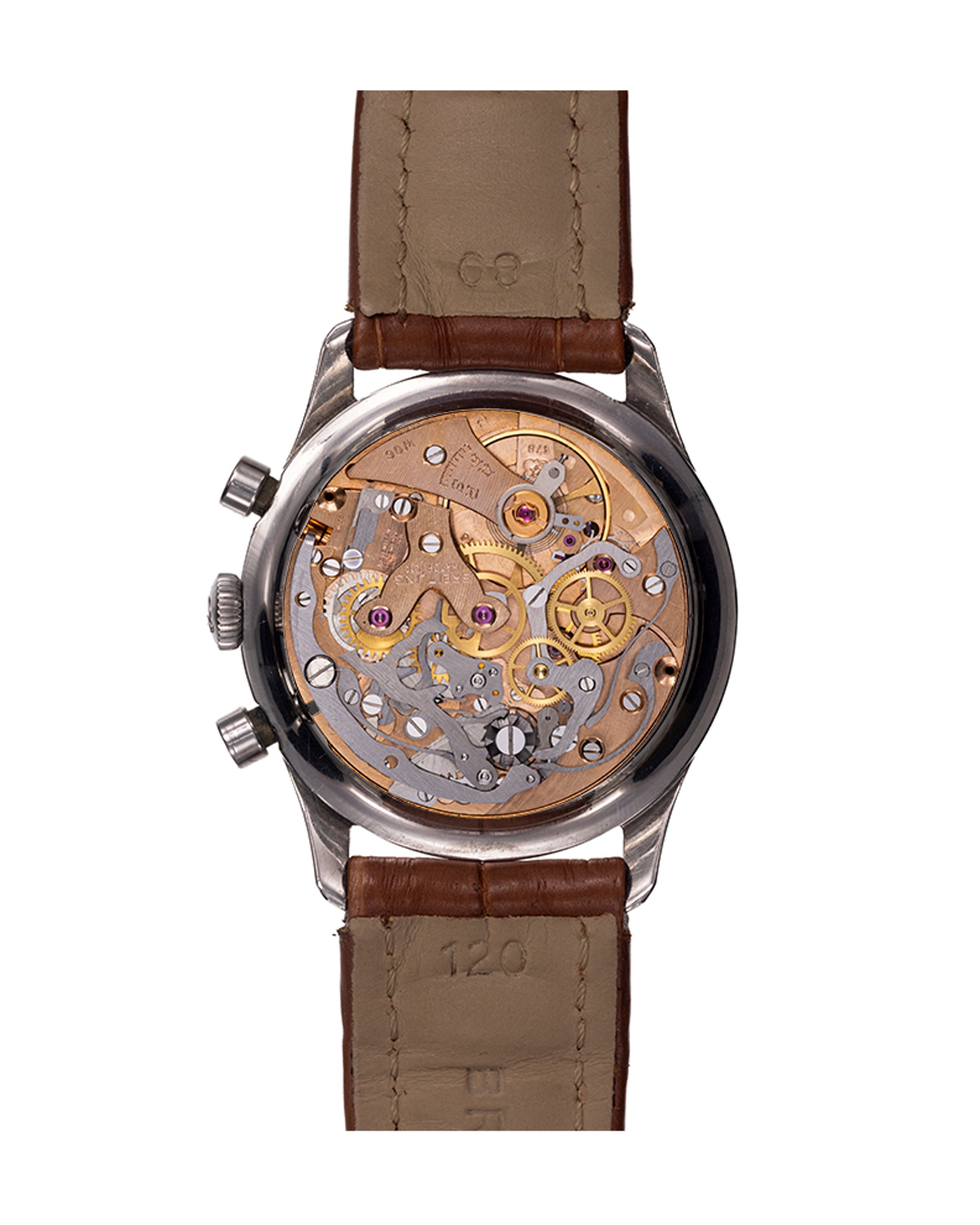 {generated} Breitling Top Time Mk1 ref.810 Venus 178 復古腕錶,搭配銀色錶盤、棕色皮錶帶與精緻計時功能。