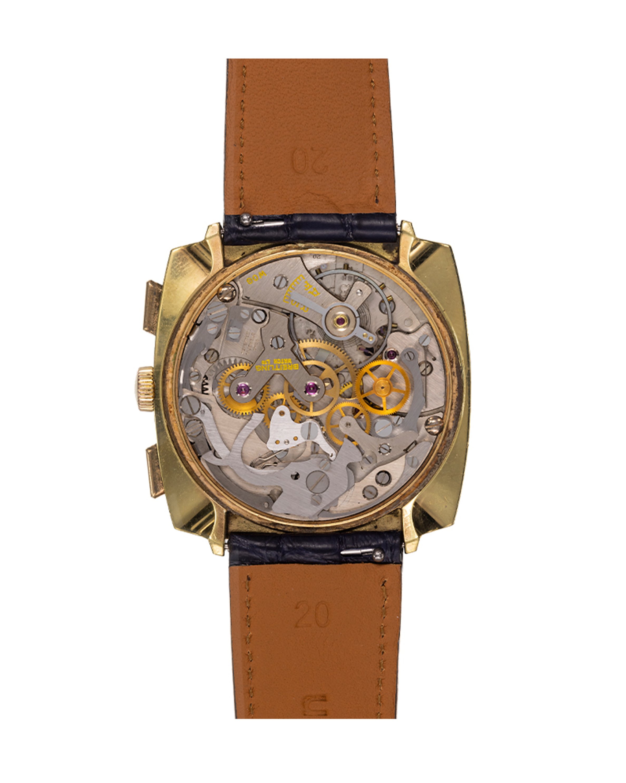 {generated} 百年靈Top Time Square ref.2008 Venus188金色紋理錶殼搭配黑色錶盤、銀色小錶盤與深色皮革錶帶