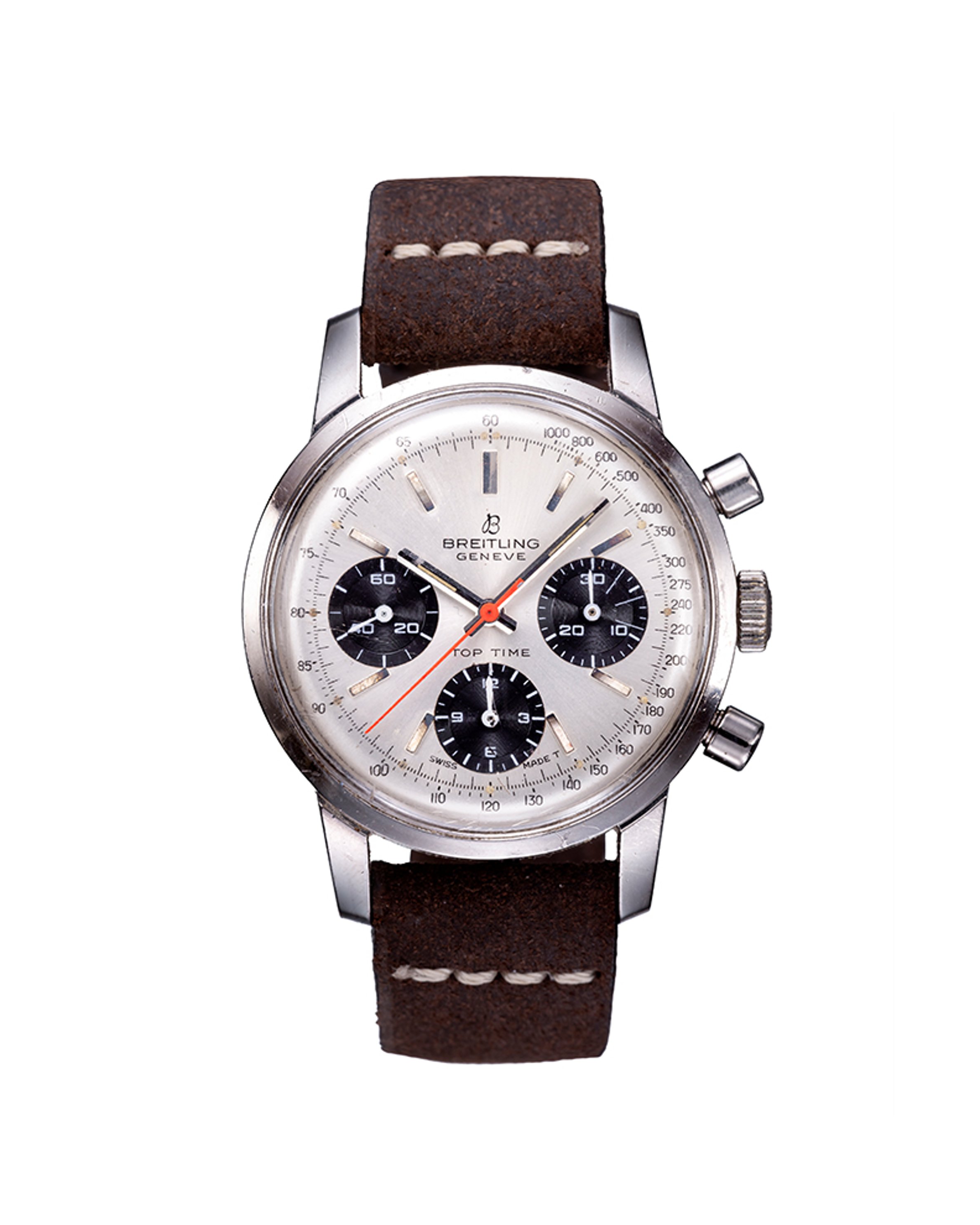 {generated} Breitling Top Time Mk2 ref.810 Venus 178,搭配銀色錶盤、黑色小錶盤與棕色皮革錶帶。