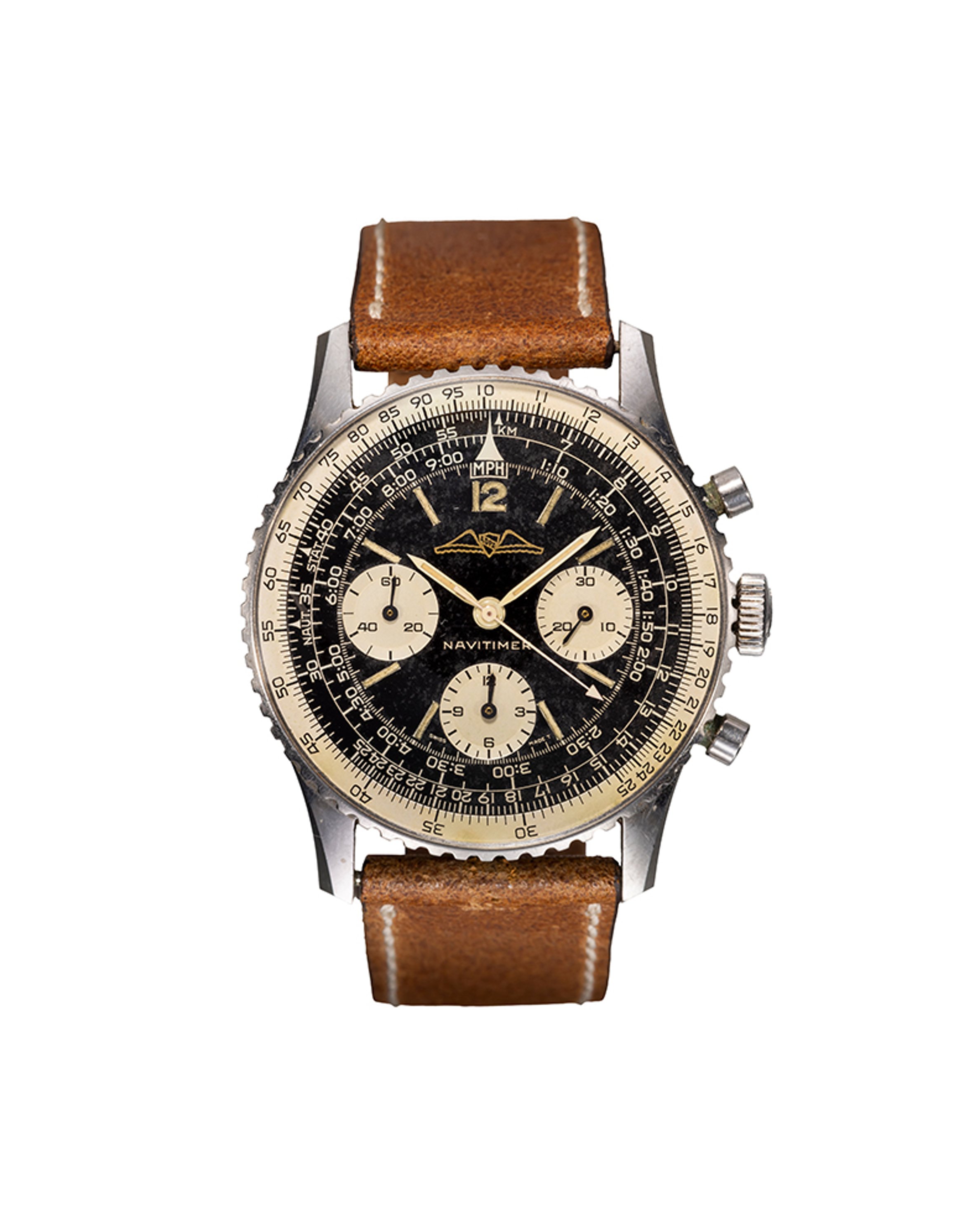 {generated} Breitling Navitimer Mk5 ref.806 Venus 178 shown with black dial, cream subdials and brown leather strap.