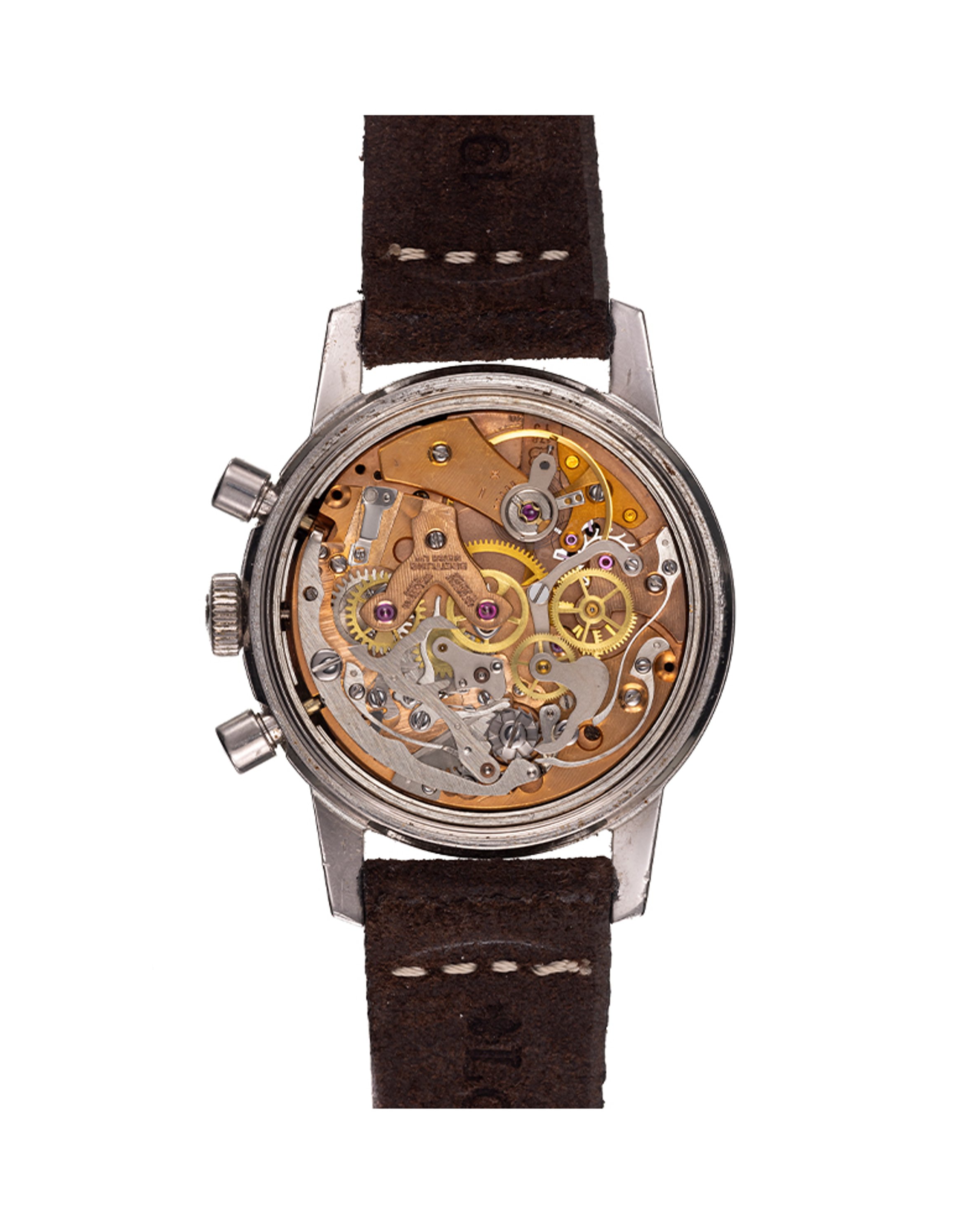 {generated} Breitling Top Time Mk2 ref.810 Venus 178,搭配銀色錶盤、黑色小錶盤與棕色皮革錶帶。