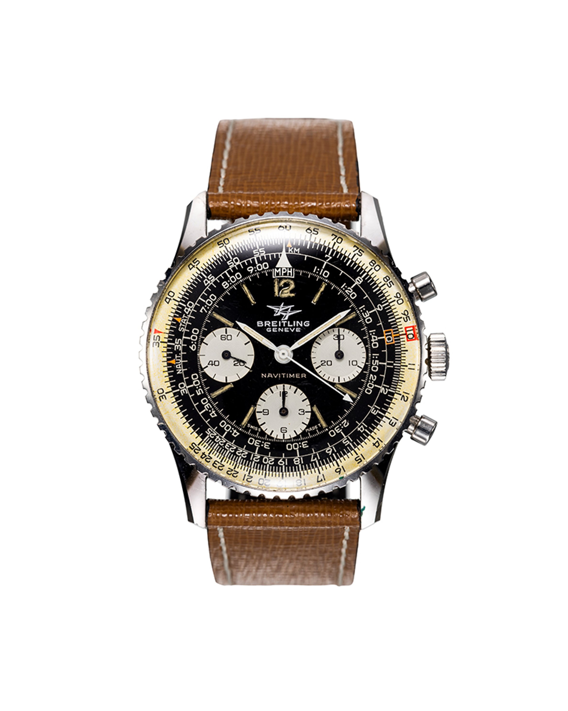 {generated} Vintage Breitling Navitimer Mk7 ref.806 Venus 178 chronograph shown front-on with black dial and brown leather strap.