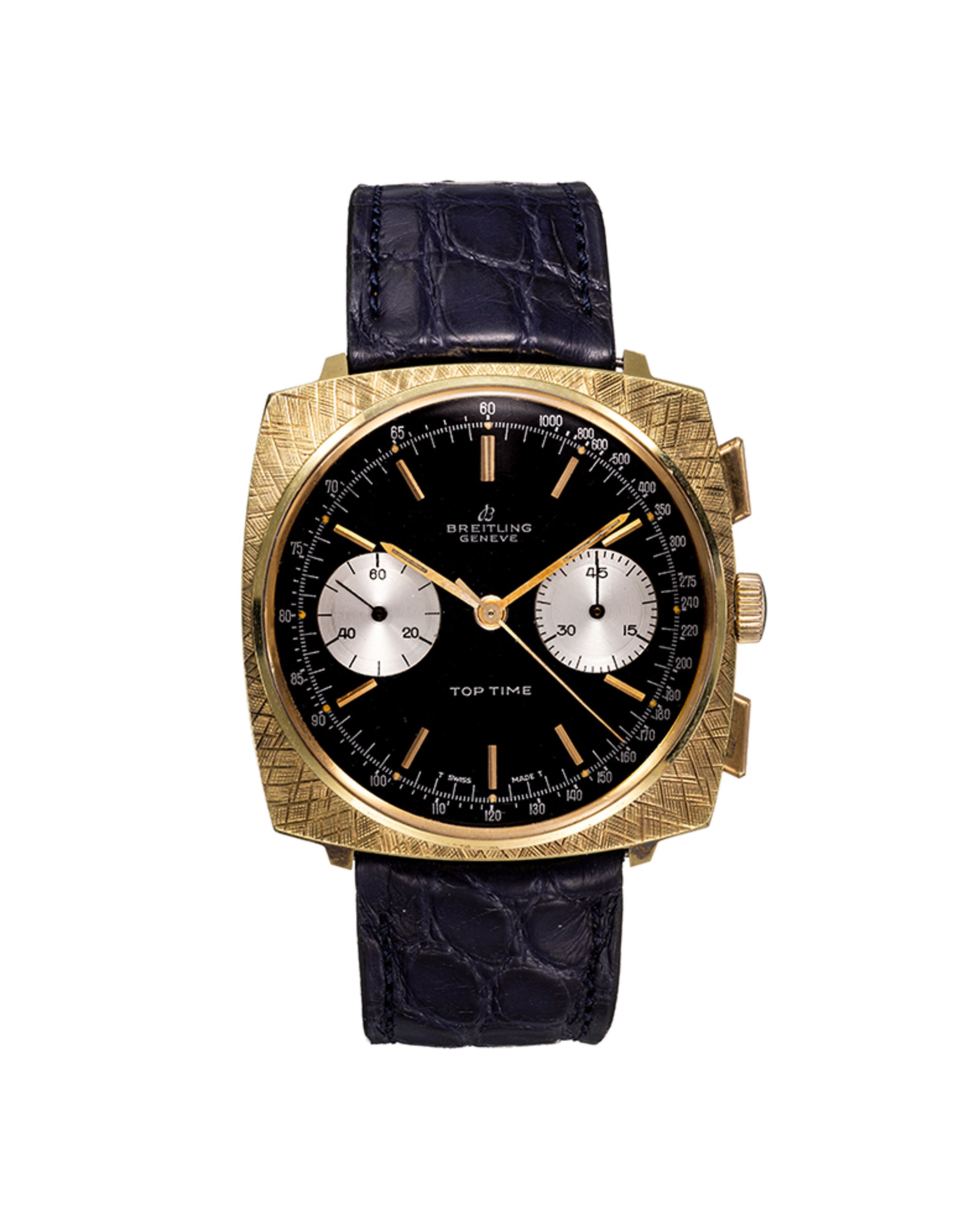 {generated} 百年靈Top Time Square ref.2008 Venus188金色紋理錶殼搭配黑色錶盤、銀色小錶盤與深色皮革錶帶