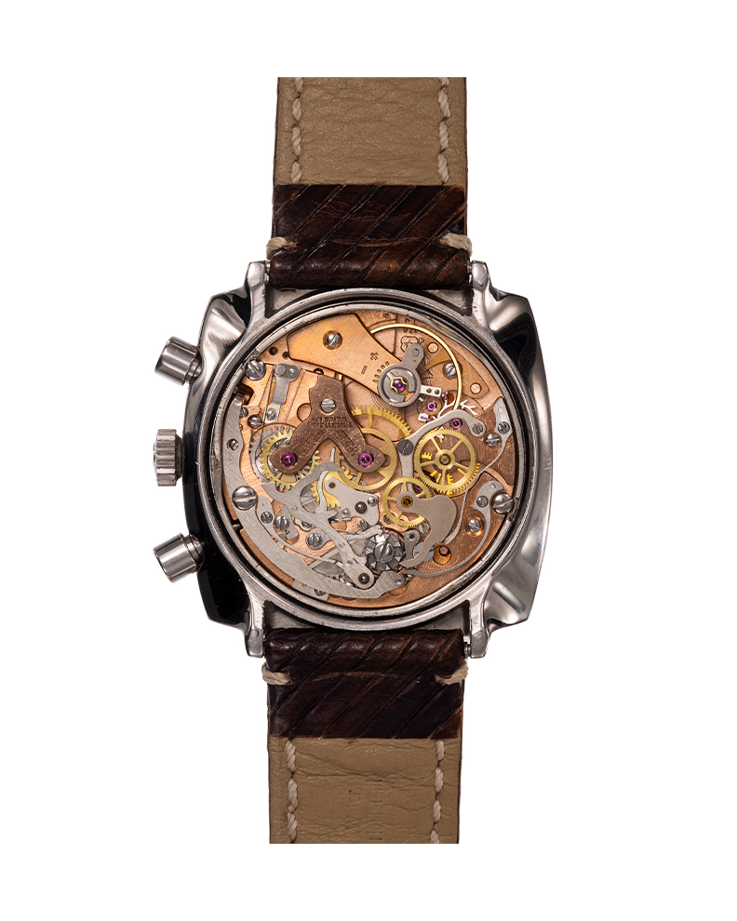 {generated} 復古Breitling Top Time Square ref.814 Venus 178腕錶,方形鋼質錶殼、醒目小錶盤與棕色皮錶帶。