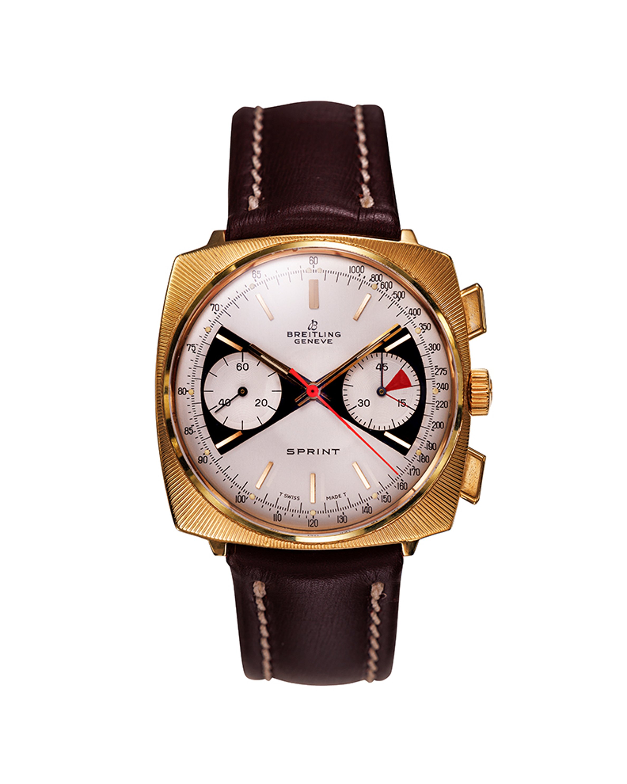 {generated} 復古Breitling Top Time Square 2009款,金色錶殼搭配三色錶盤與棕色皮錶帶