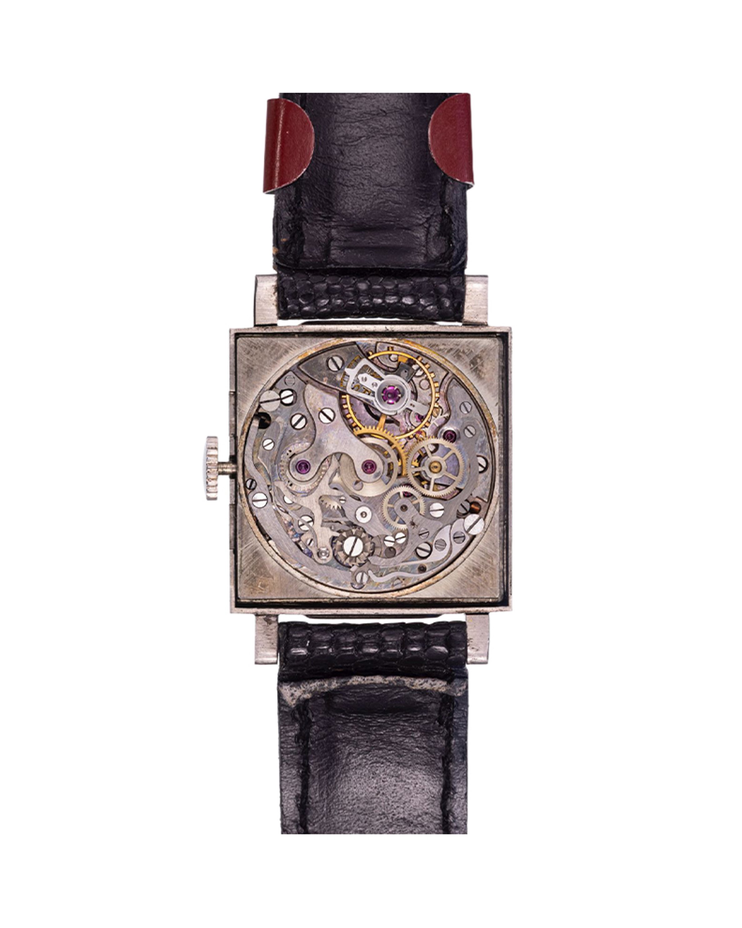 {generated} Vintage Breitling Premier ref.754 Valjoux R69 with square silver case, detailed chronograph dial and black leather strap