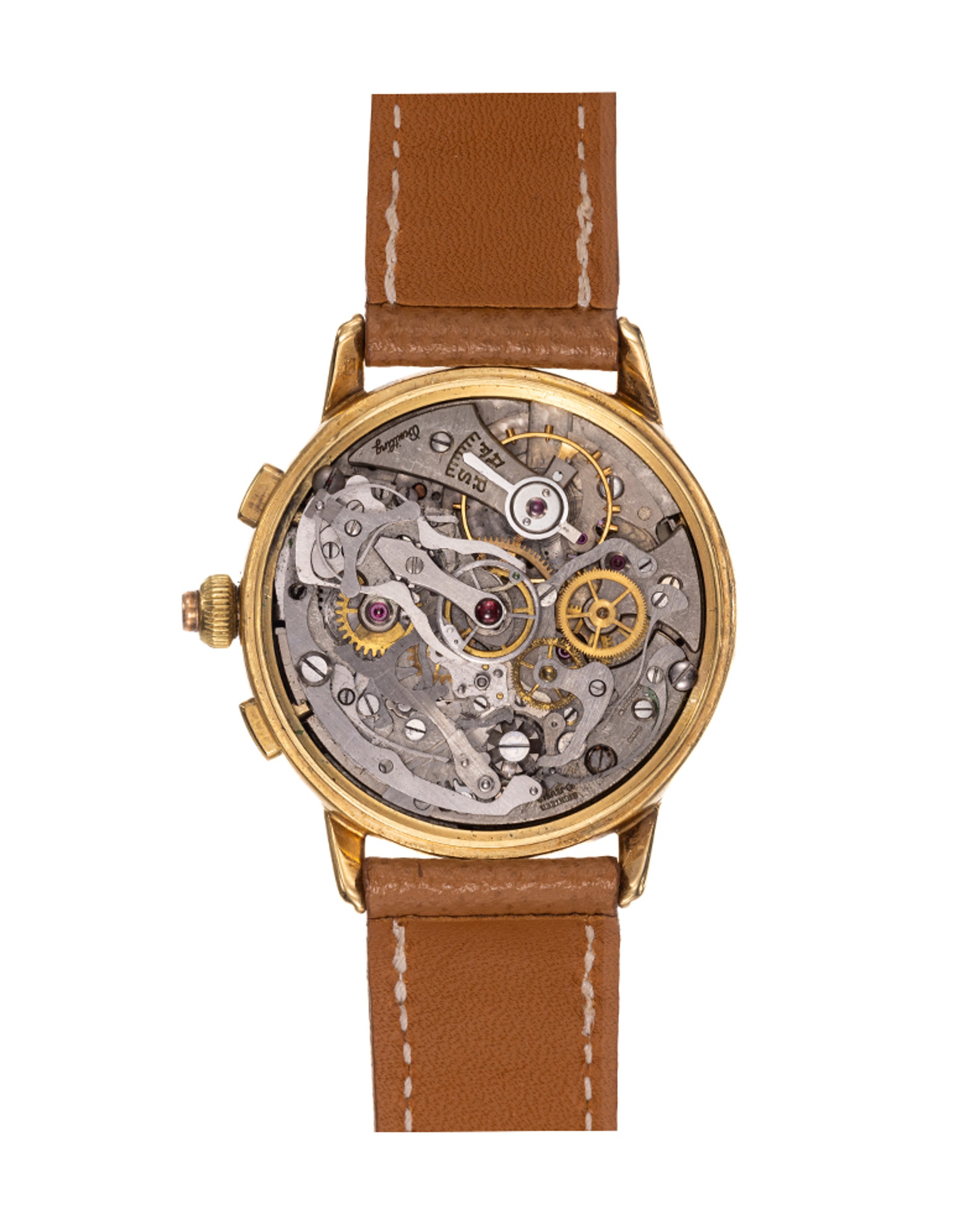 {generated} Vintage Breitling Datora Duograph ref 800/766 L Venus 195 featuring a gold case, moonphase display and orange leather strap