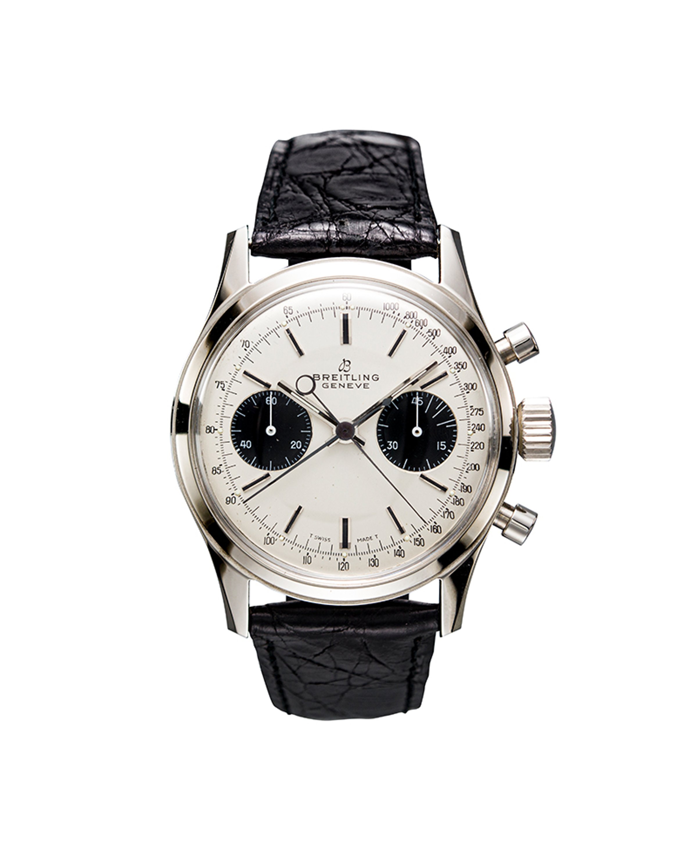 {generated} Vintage Breitling Duograph ref.791 Venus 185 with a silver dial, black subdials, and a textured black leather strap.