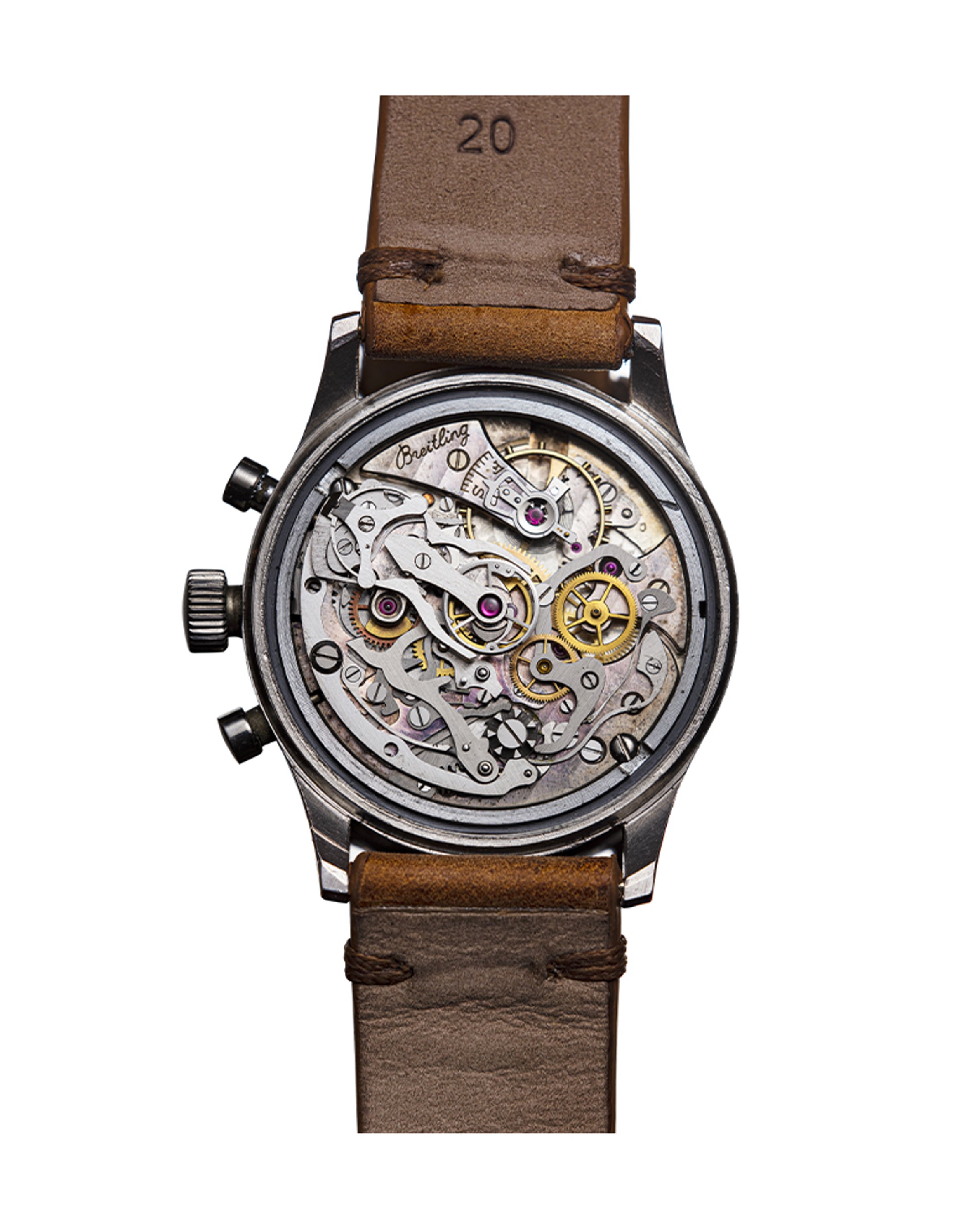 {generated} Vintage Breitling Duograph Ref.764 Venus 179 with silver dial, twin subdials and brown leather strap shown front-facing