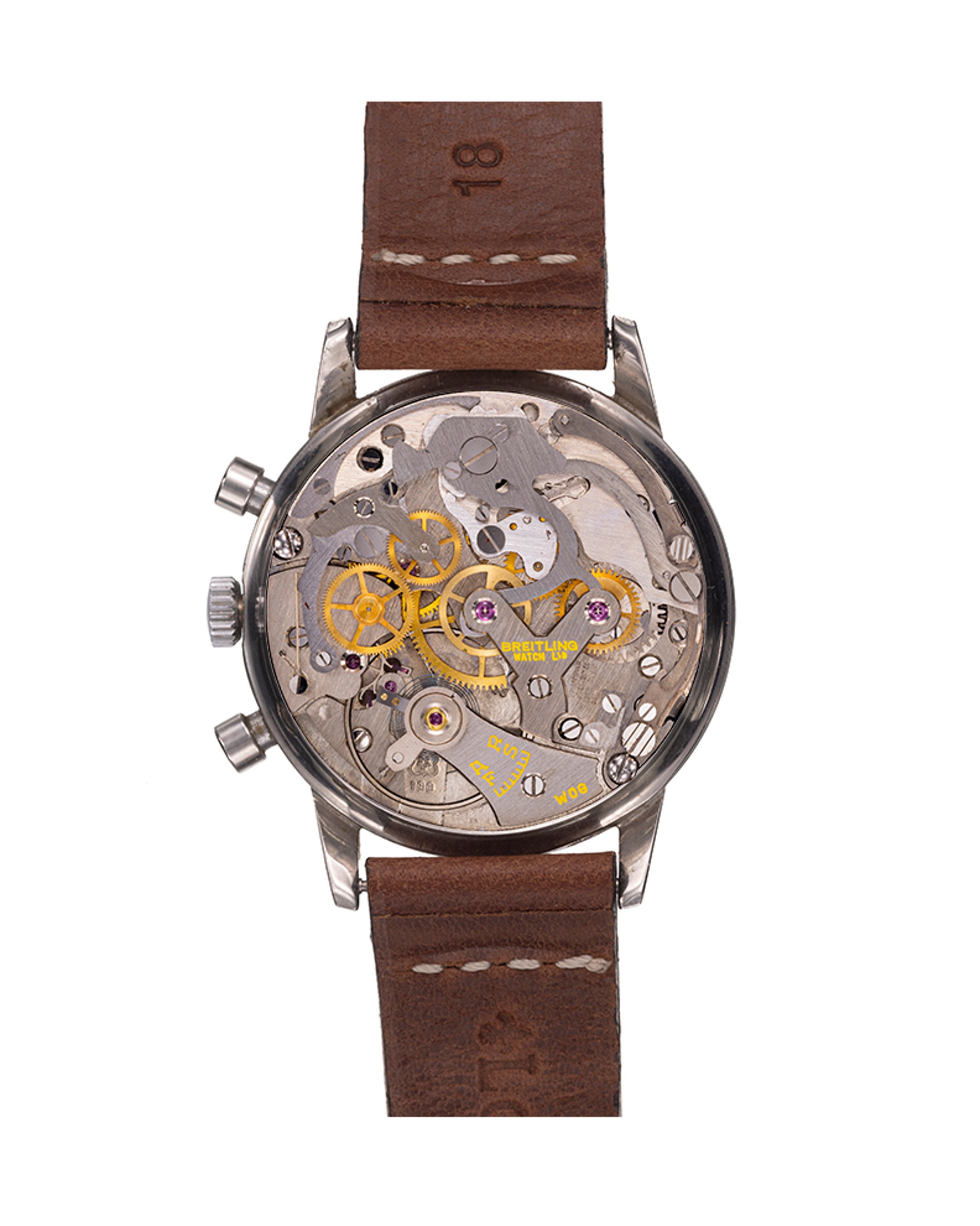 {generated} Breitling Top Time ref.2002 Venus 188以銀色錶盤、雙小錶盤與棕色皮革錶帶細緻呈現。