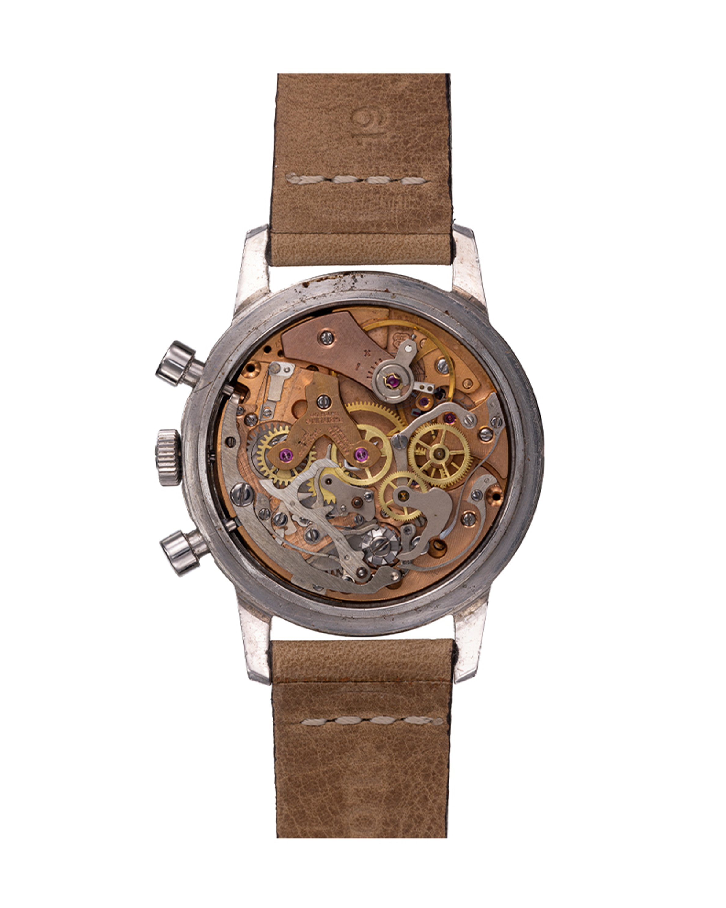 {generated} Breitling Top Time Mk2 ref.810 Venus 178,黑色錶盤、銀色小錶盤與米色皮革錶帶的正面呈現