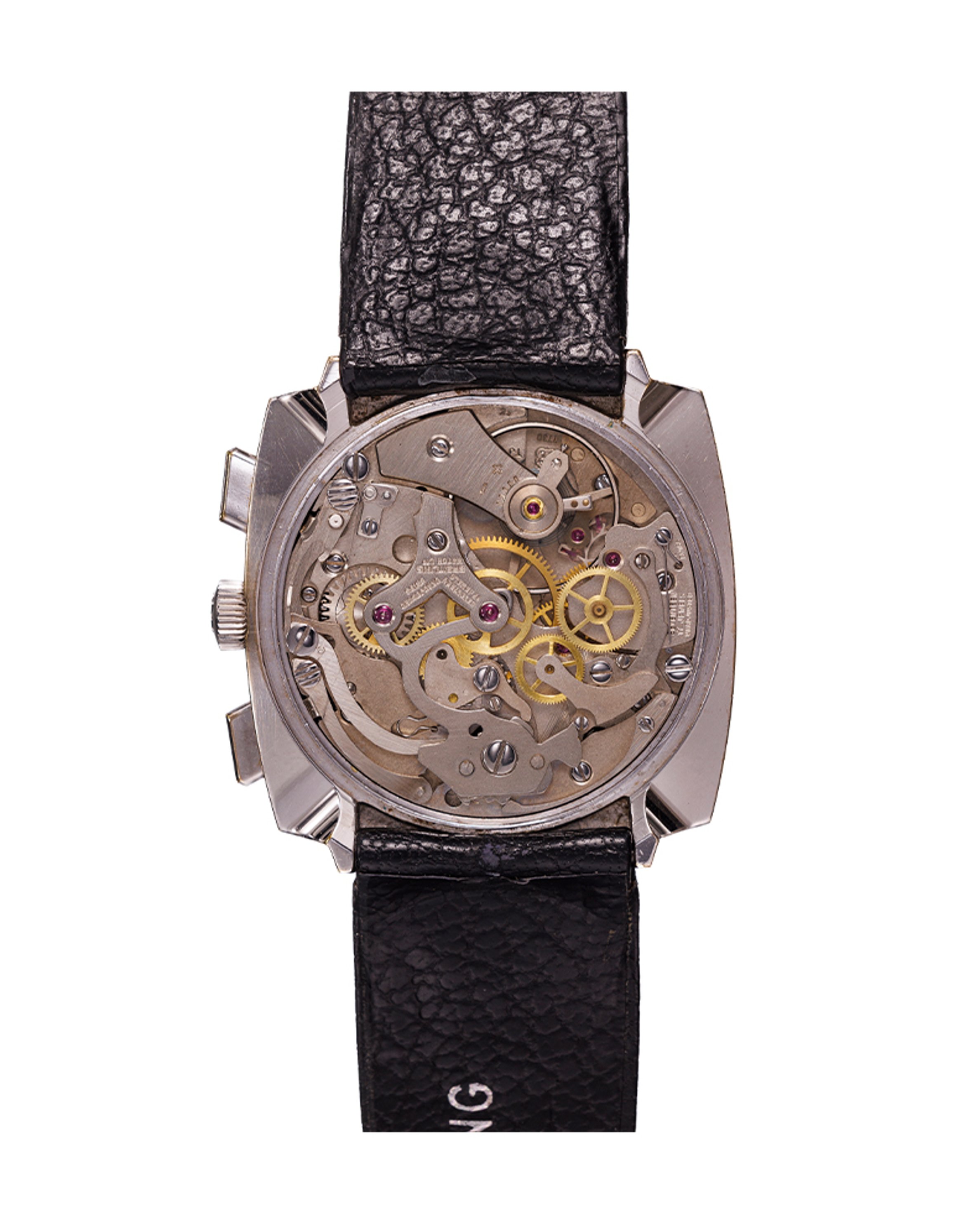 {generated} Breitling Top Time Square ref.2006 Valjoux 7730,藍色錶盤、雙計時盤與黑色皮革錶帶的正面展示。