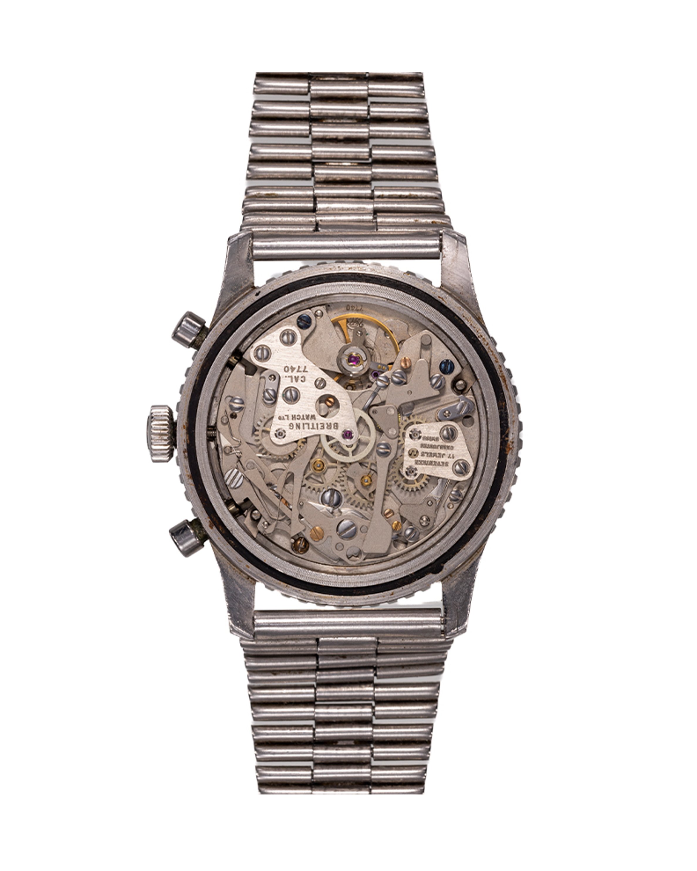 {generated} Vintage Breitling Navitimer Big Case ref.816 Venus 178 with black dial, tri-compax layout and steel bracelet displayed.