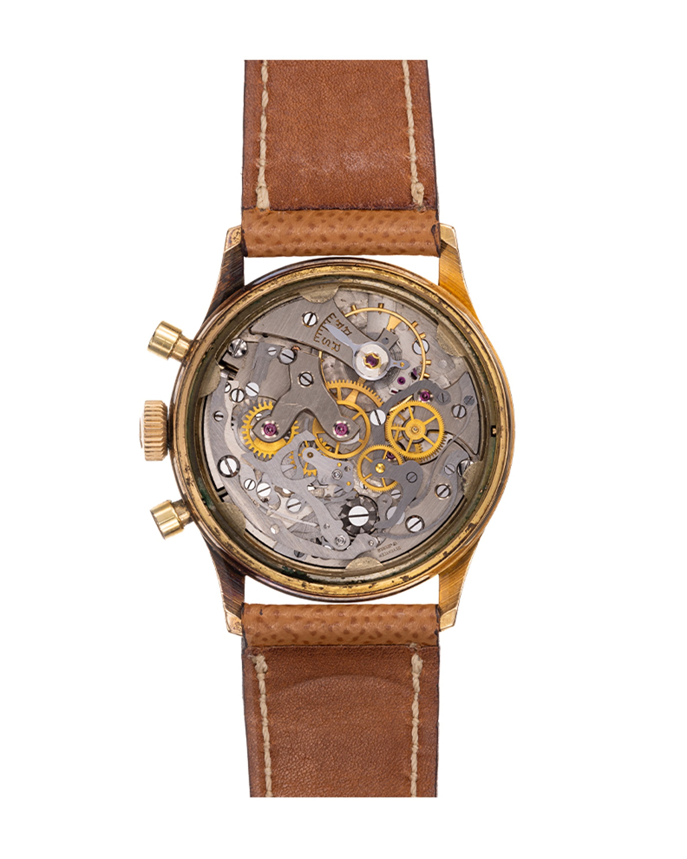 {generated} Vintage Breitling Premier Ref. 765 Venus 178 with gold‑toned dial and brown leather strap shown in a front‑facing view.