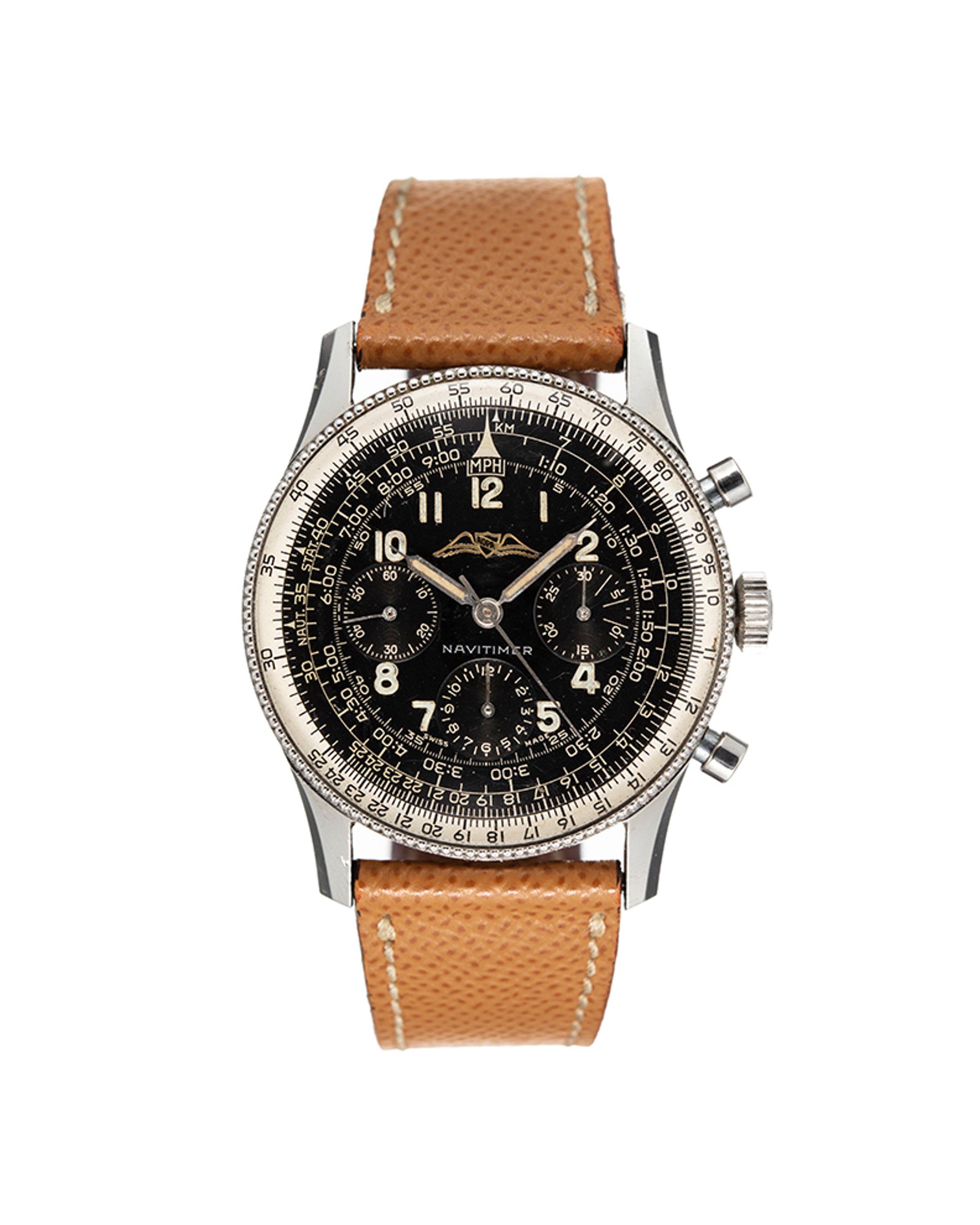 {generated} Breitling Valjoux 72 Navitimer Mk1.2 shown with a black multi-scale dial and tan leather strap highlighting its vintage design