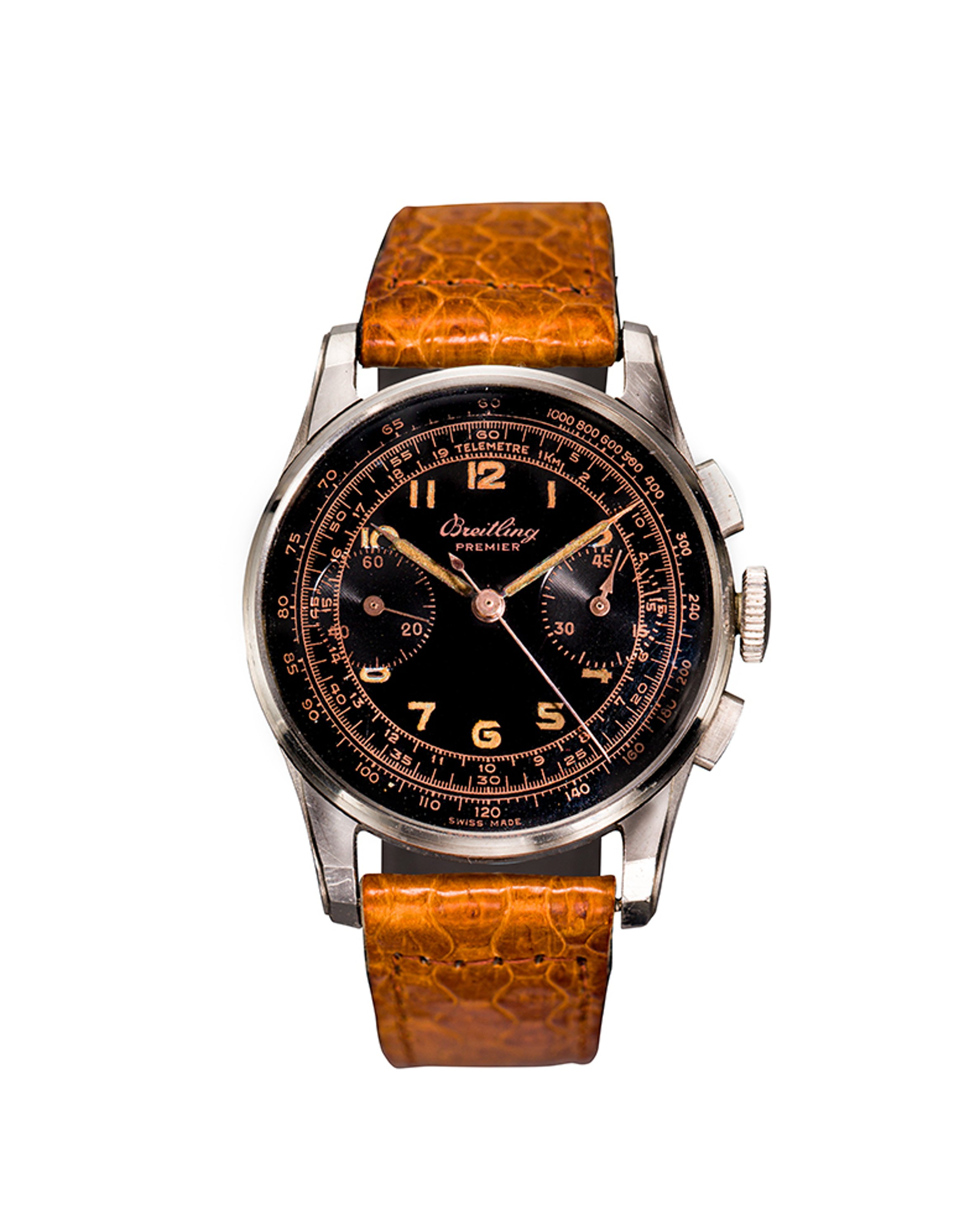 {generated} Breitling Premier ref.782 Venus 175 chronograph with black dial, gold accents and brown leather strap viewed frontally