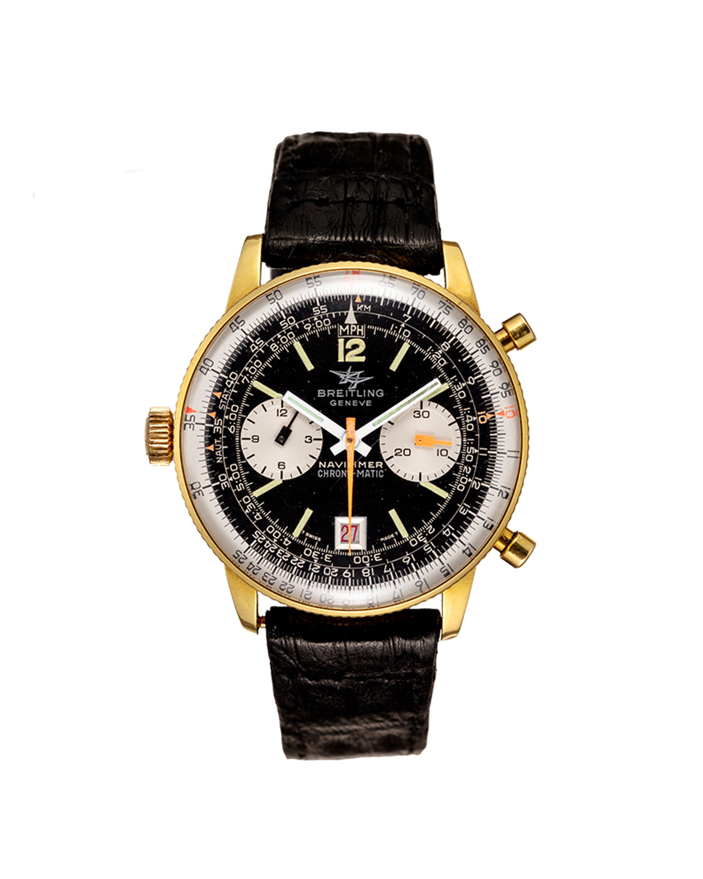 {generated} Breitling Navitimer Chrono-matic Mk10 ref.8806 shown with gold case, black dial, and black leather strap against white.