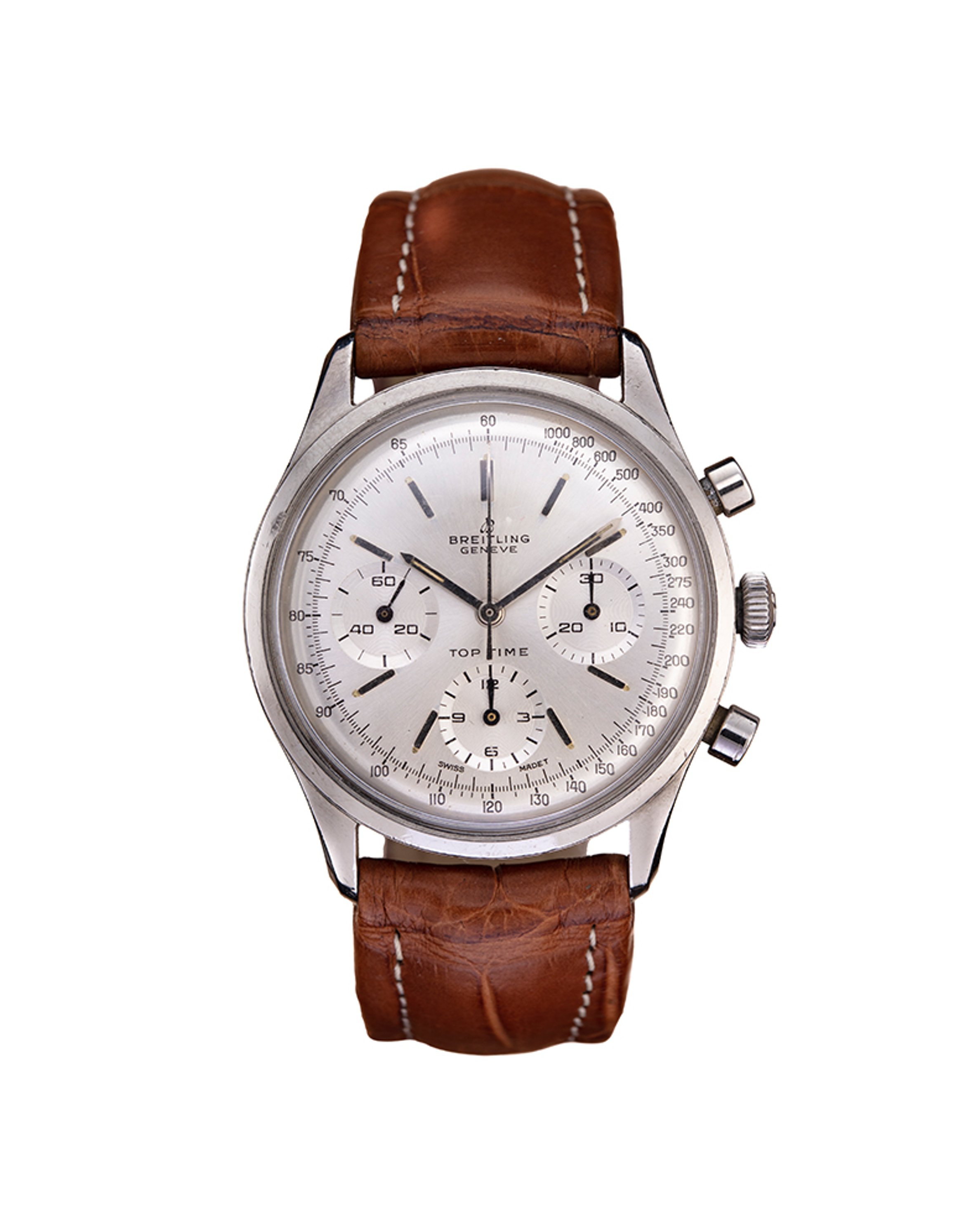 {generated} Breitling Top Time Mk1 ref.810 Venus 178 復古腕錶,搭配銀色錶盤、棕色皮錶帶與精緻計時功能。