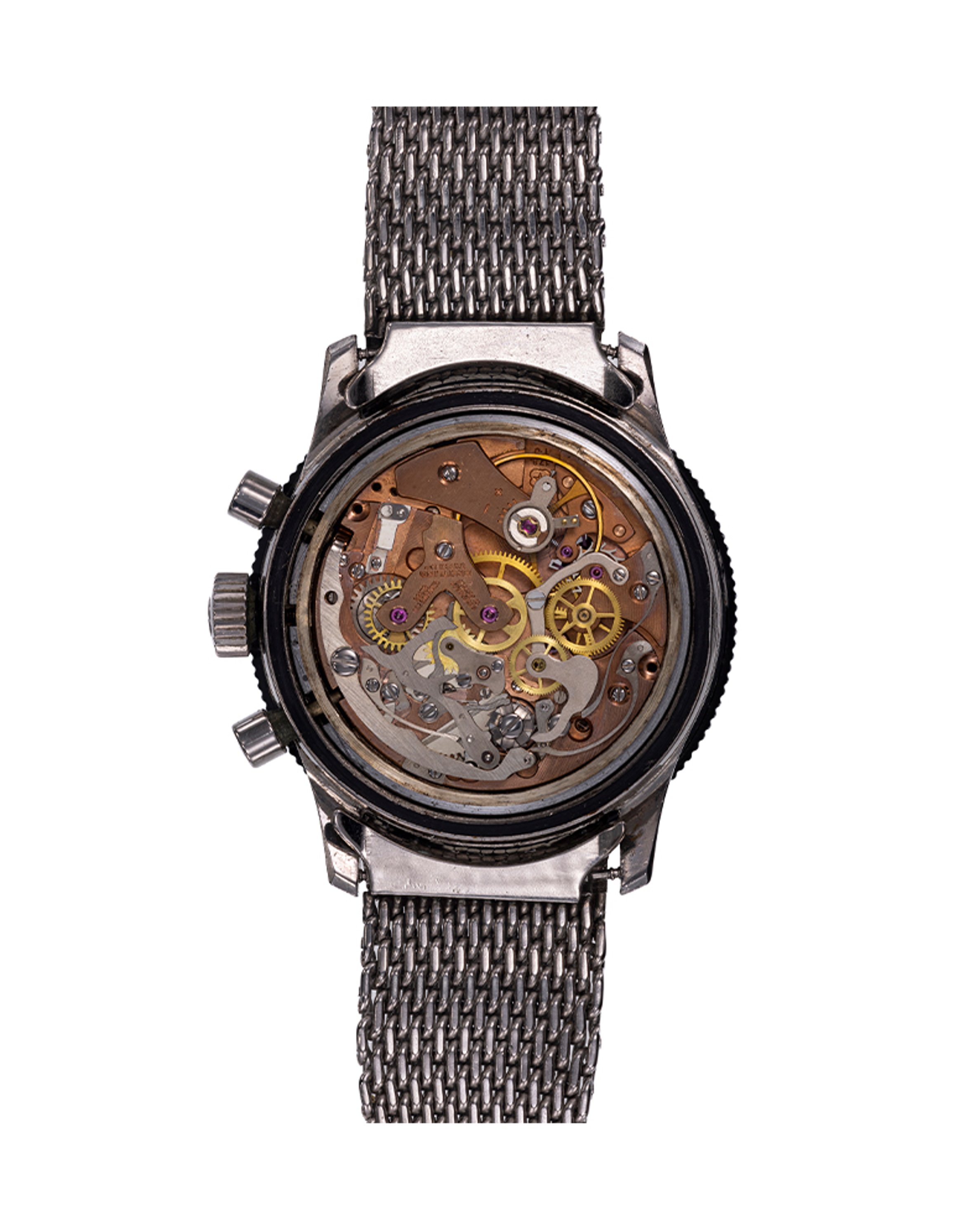 {generated} Breitling Co-Pilot Yachting watch featuring a black dial, colourful regatta subdials, and a polished mesh bracelet.