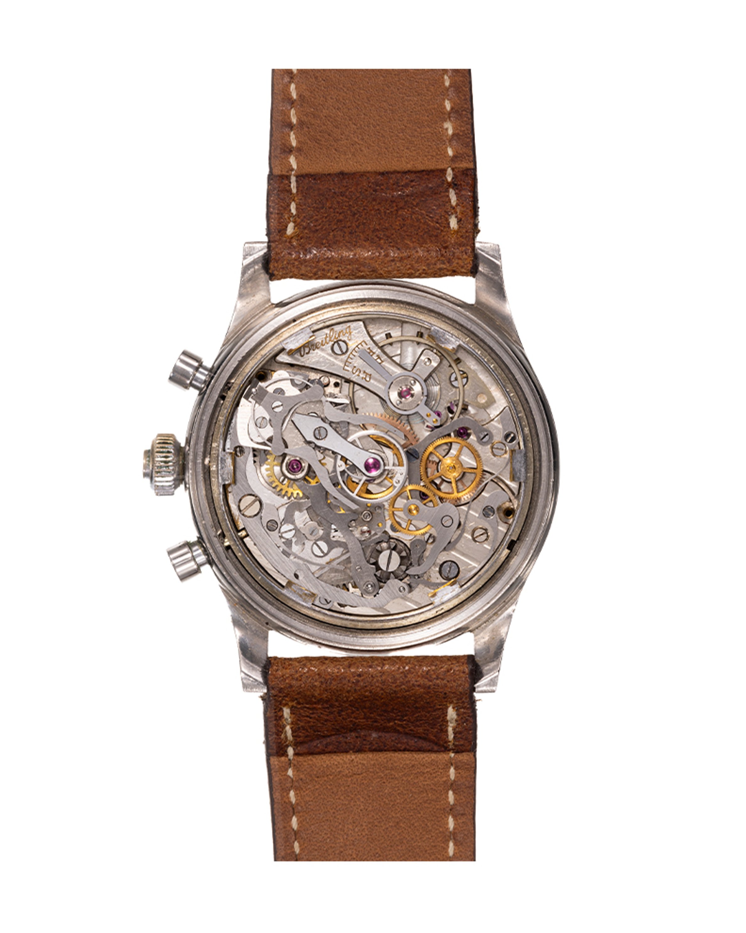 {generated} Breitling Duograph ref.791 Venus 185 shown with a silver dial, triple subdials and a brown leather strap in frontal view.