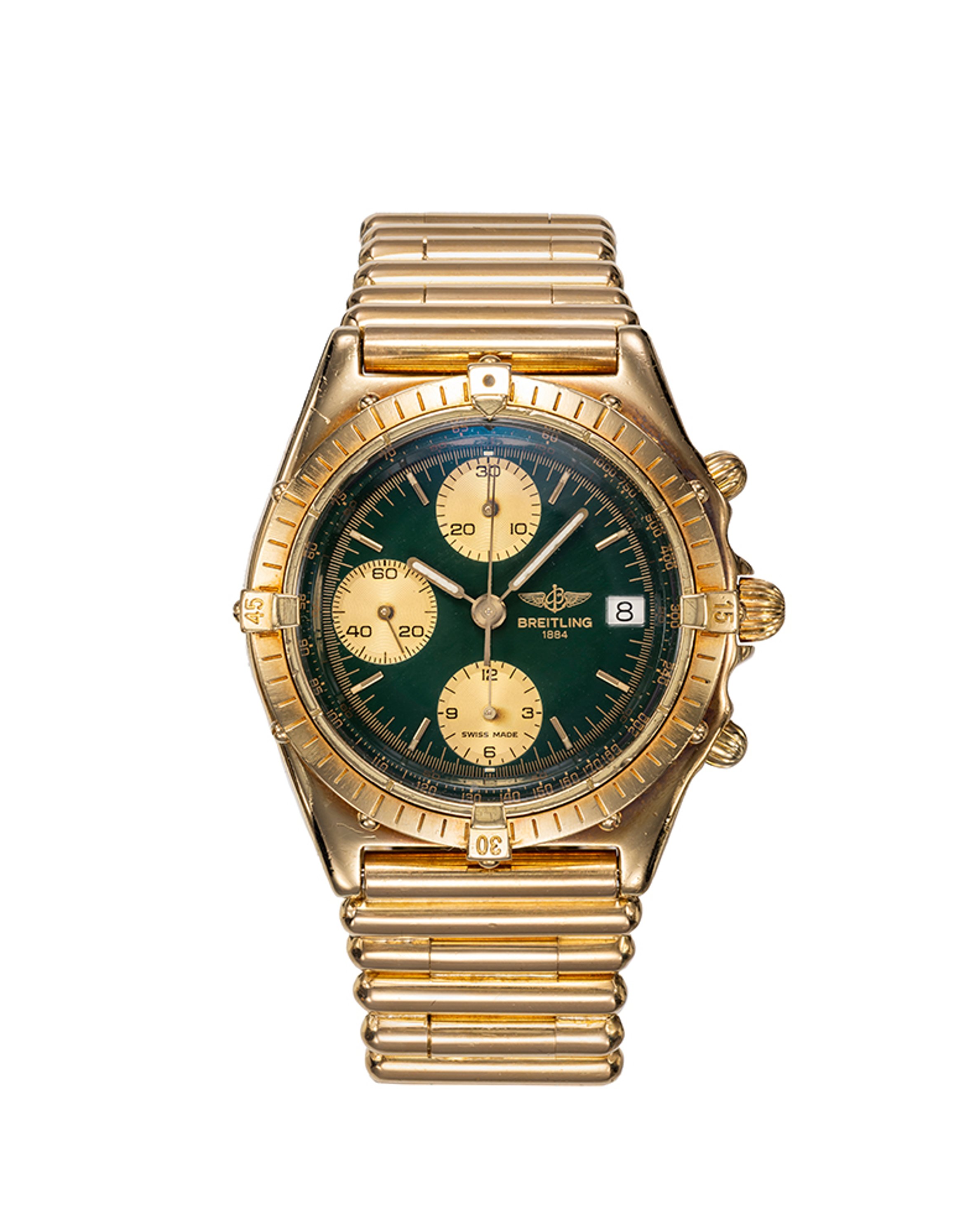 {generated} Breitling Chronomat ref.81950 V7750 doté d’un boîtier or, d’un cadran vert et d’un bracelet or soulignant son style classique