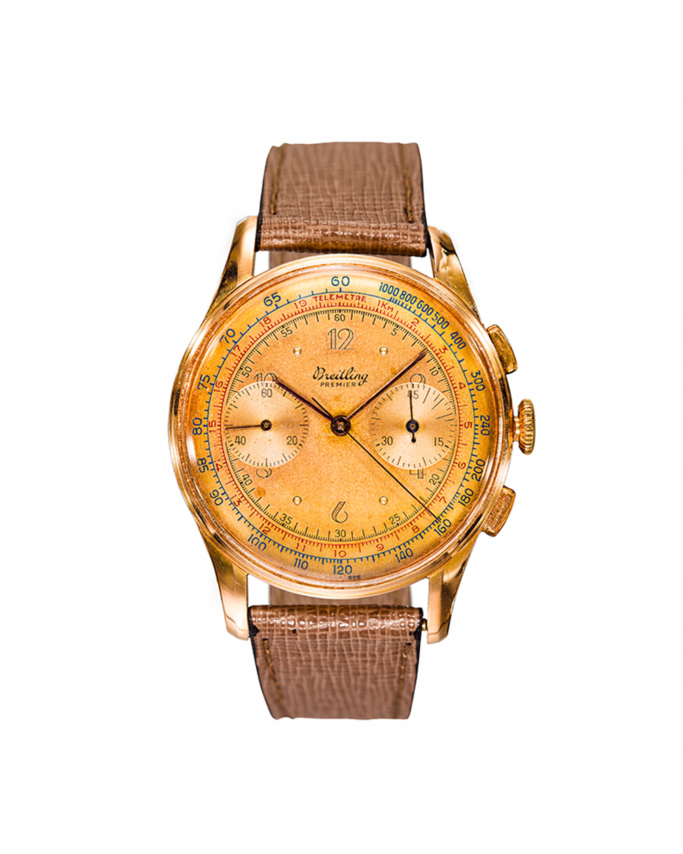 {generated} Vintage Breitling Premier Fantaisies ref.781 Venus 175 with gold dial, dual subdials and brown leather strap