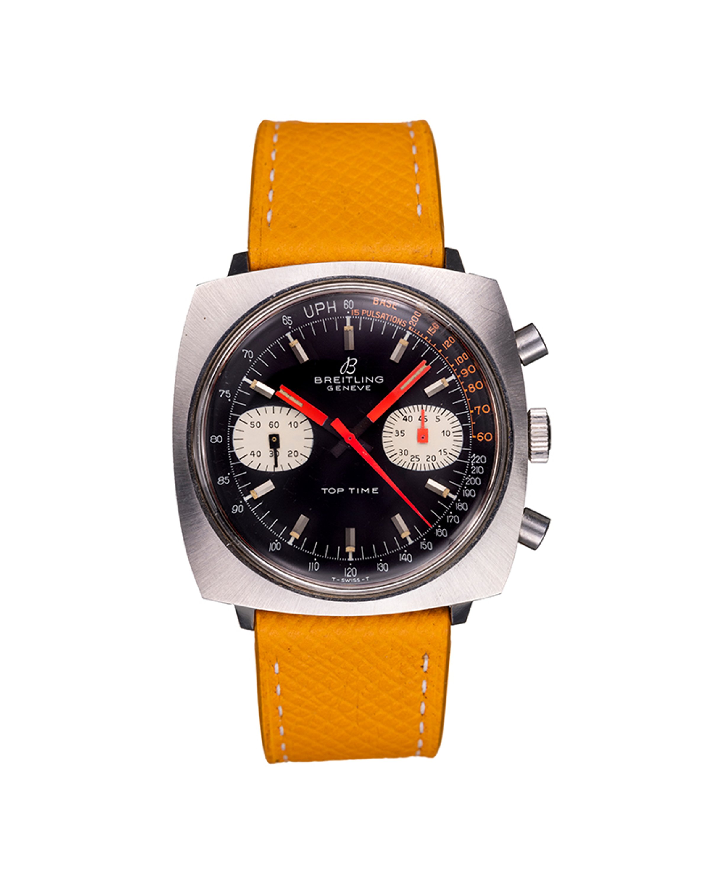 {generated} Breitling Top Time Square ref.2211 Valjoux7730,黑色錶盤搭配紅色指針與雙小錶盤,配以亮黃色錶帶