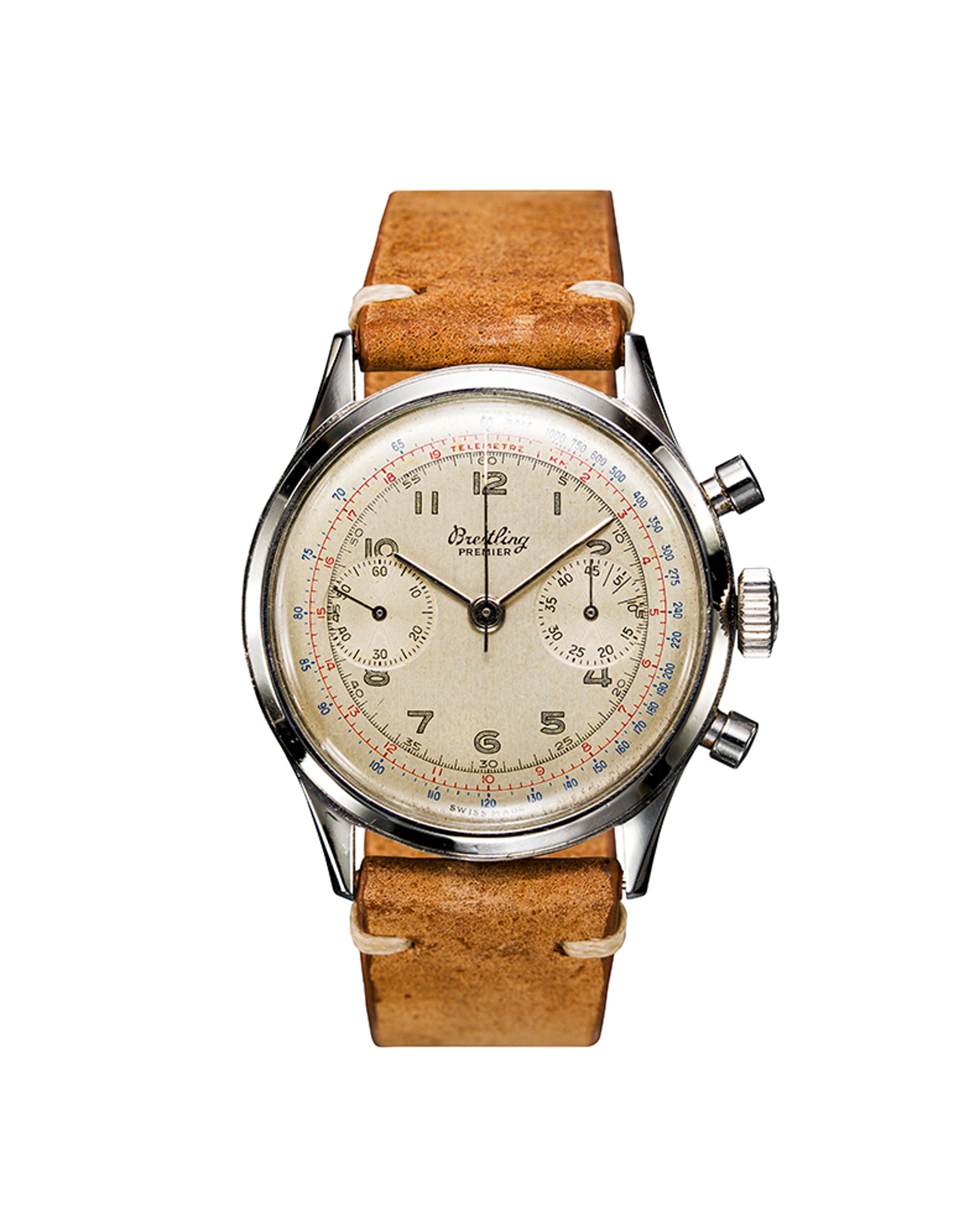 {generated} Vintage Breitling Premier ref. 777 Venus 175 chronograph with cream dial, twin counters and a tan leather strap.