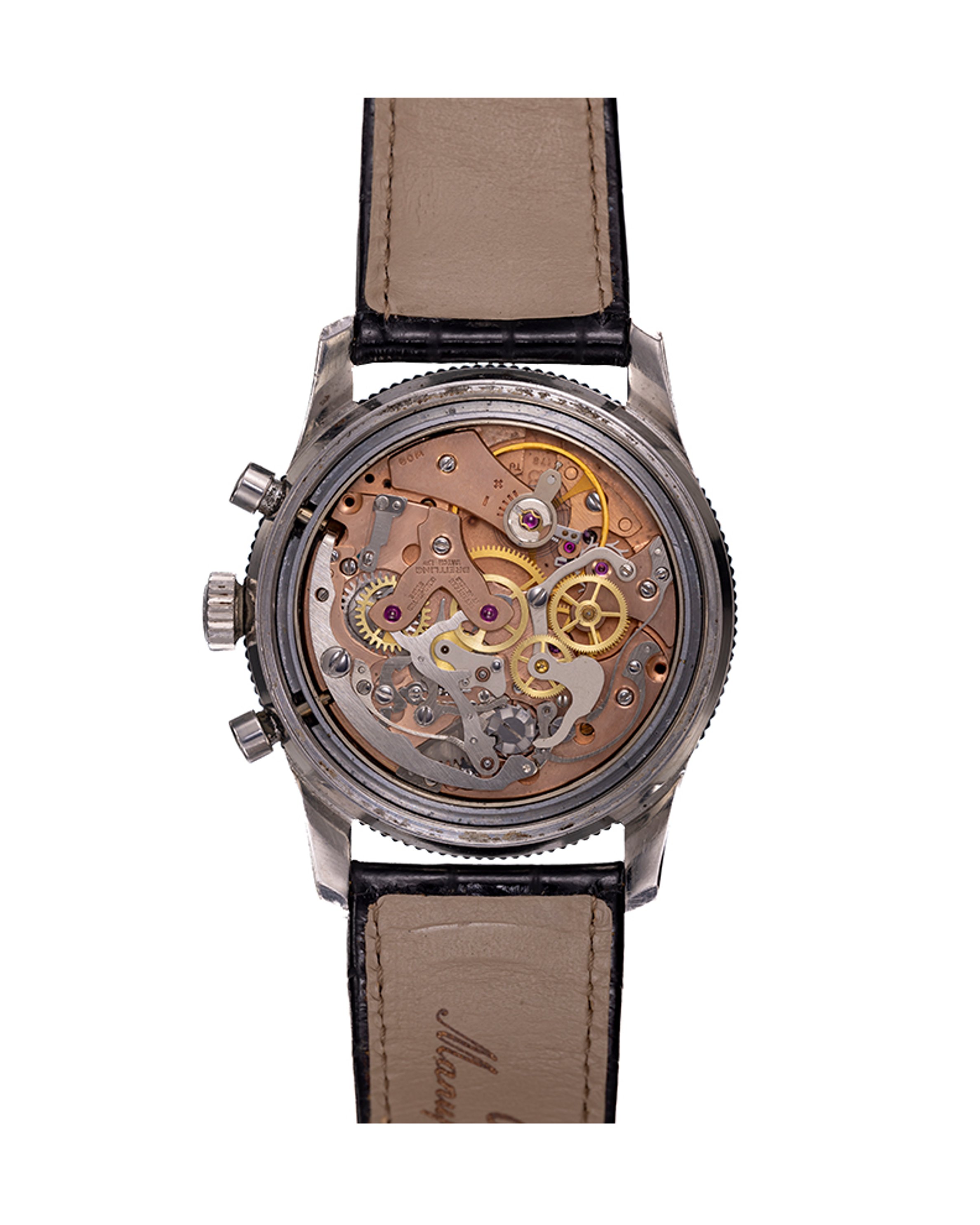 {generated} Breitling Co-Pilot Unitime MK1 shown front-on with black dial, tri-compax layout and a refined black leather strap.