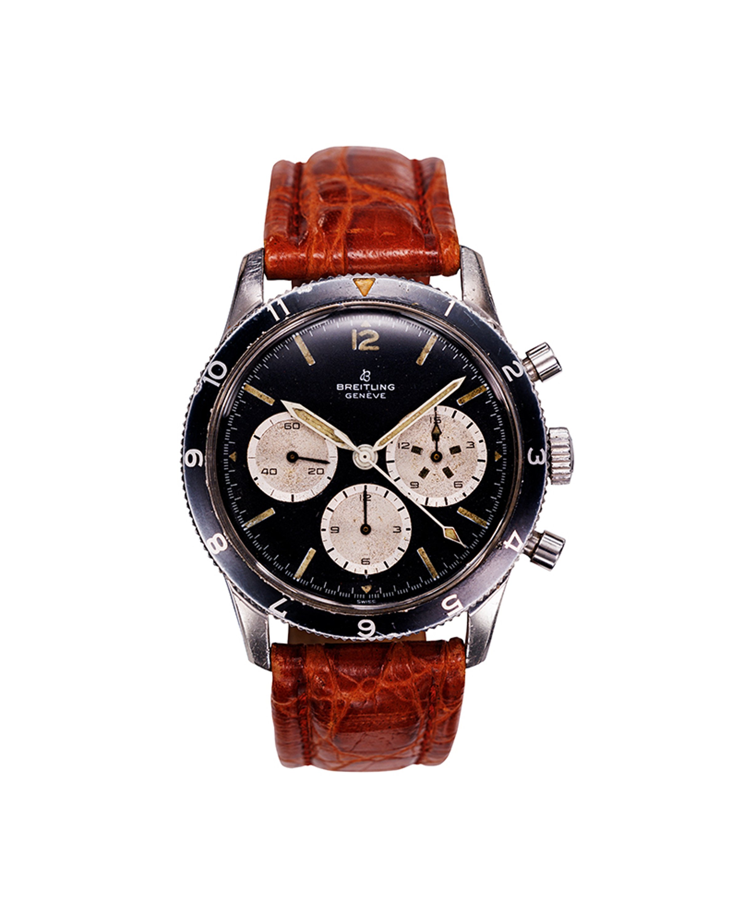 {generated} Breitling Co-Pilot watch featuring a vintage black dial, three cream subdials, and a brown leather strap viewed front-on.