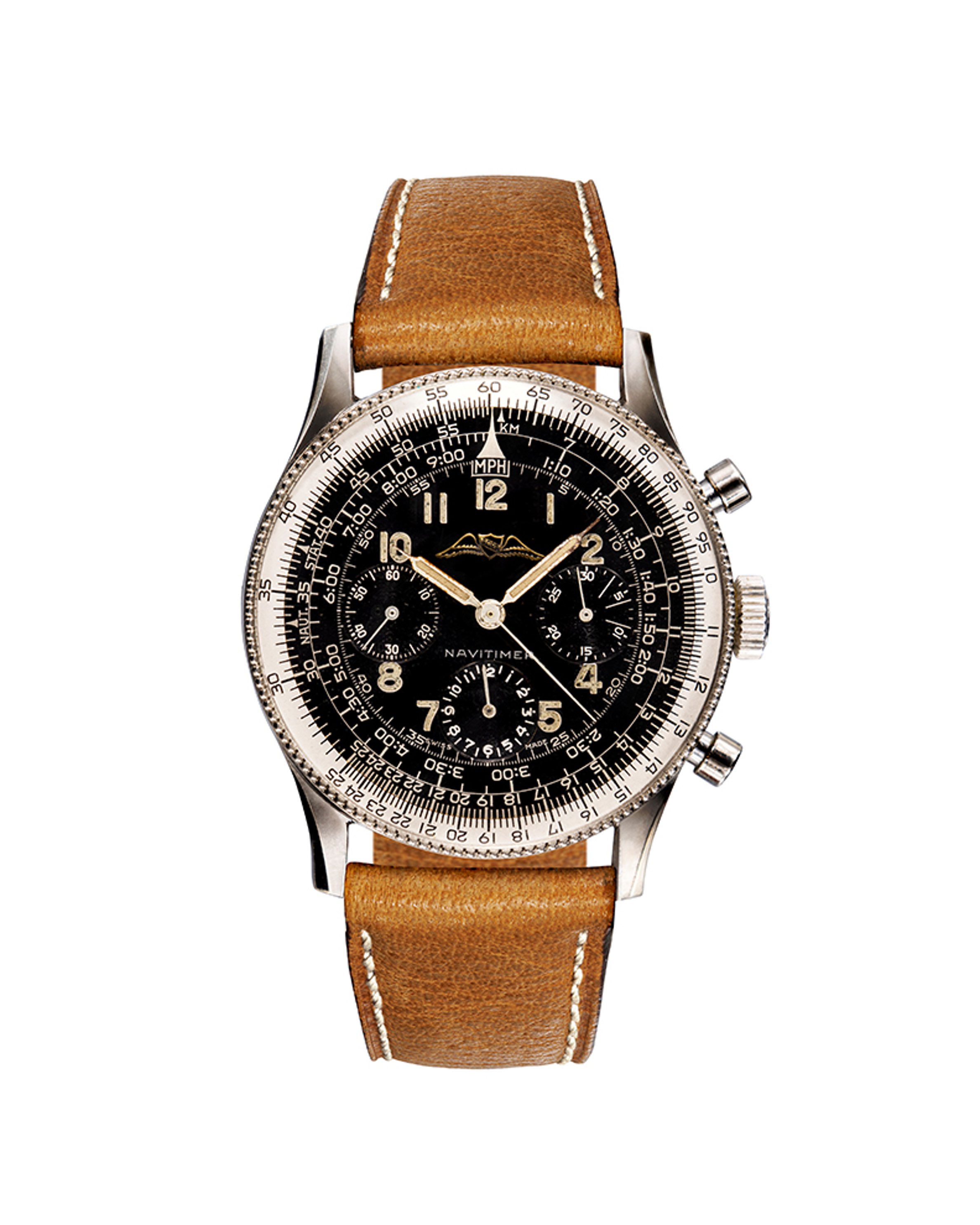 {generated} Breitling Navitimer Mk1.1 Valjoux 72 shown with a black dial, detailed scales, and a brown leather strap under clean lighting