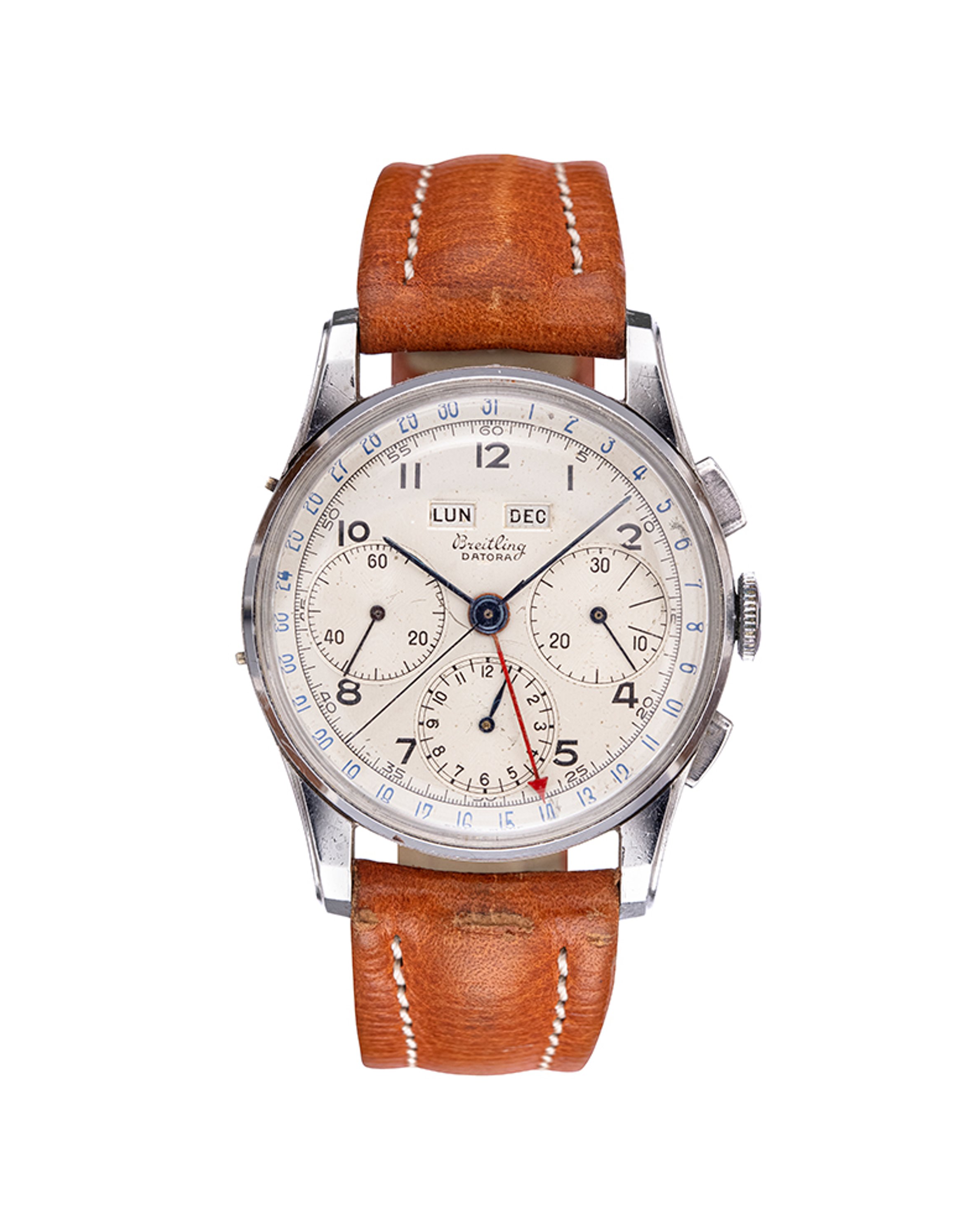 {generated} Vintage Breitling Datora ref.785 chronograph shown with a cream dial, blue accents, and a stitched brown leather strap