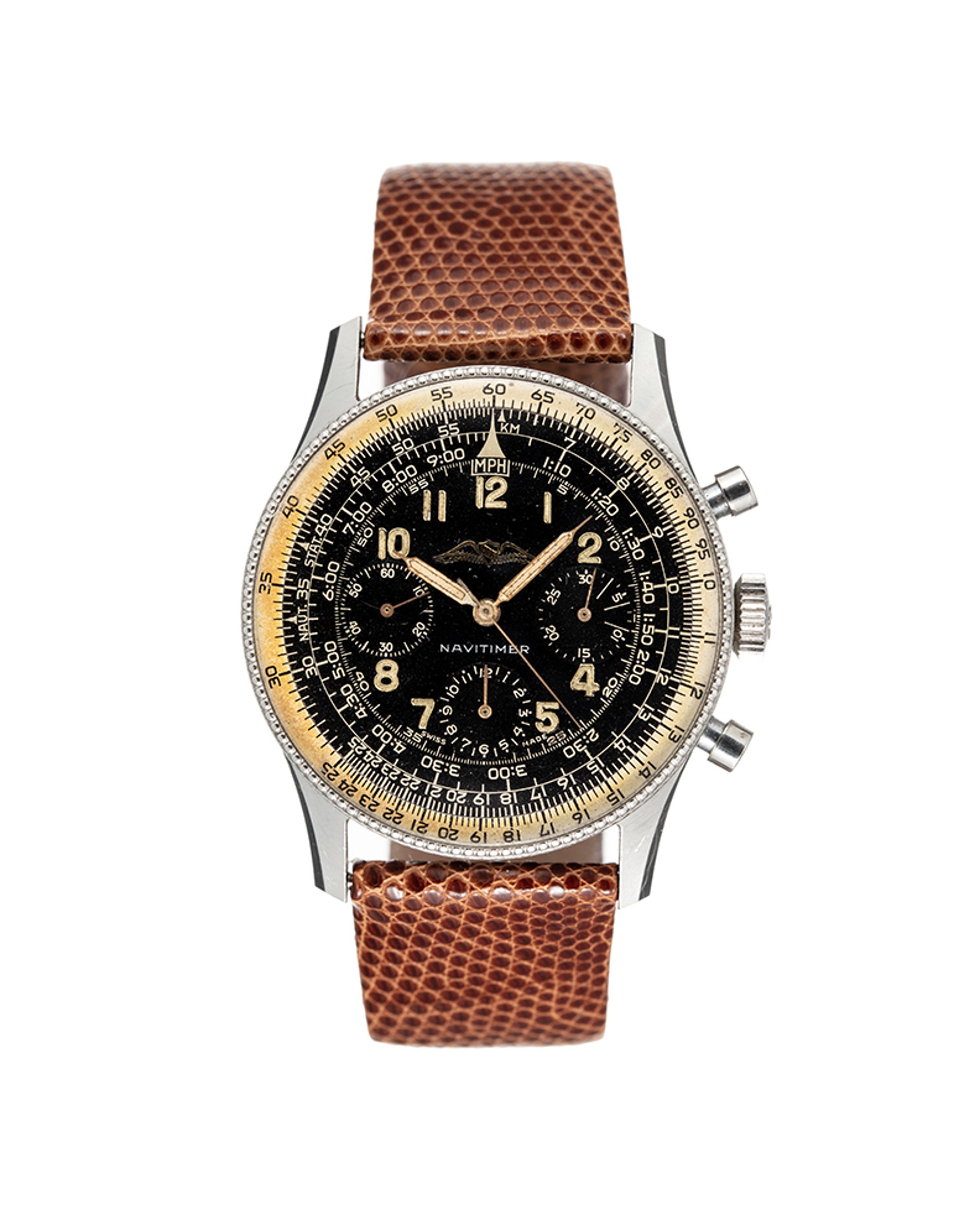 {generated} Vintage Breitling Navitimer Mk2.1 ref.806 Venus 178 shown front-on with a black dial, aged bezel and brown leather strap