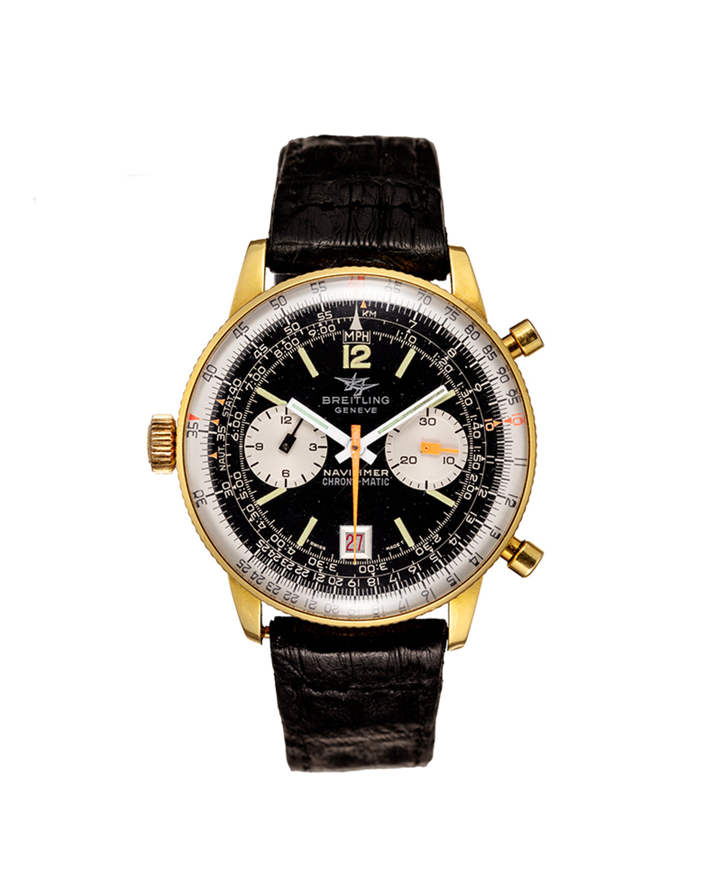 {generated} Breitling Navitimer Chrono-matic Mk10 ref.8806 shown with gold case, black dial, dual subdials and black leather strap
