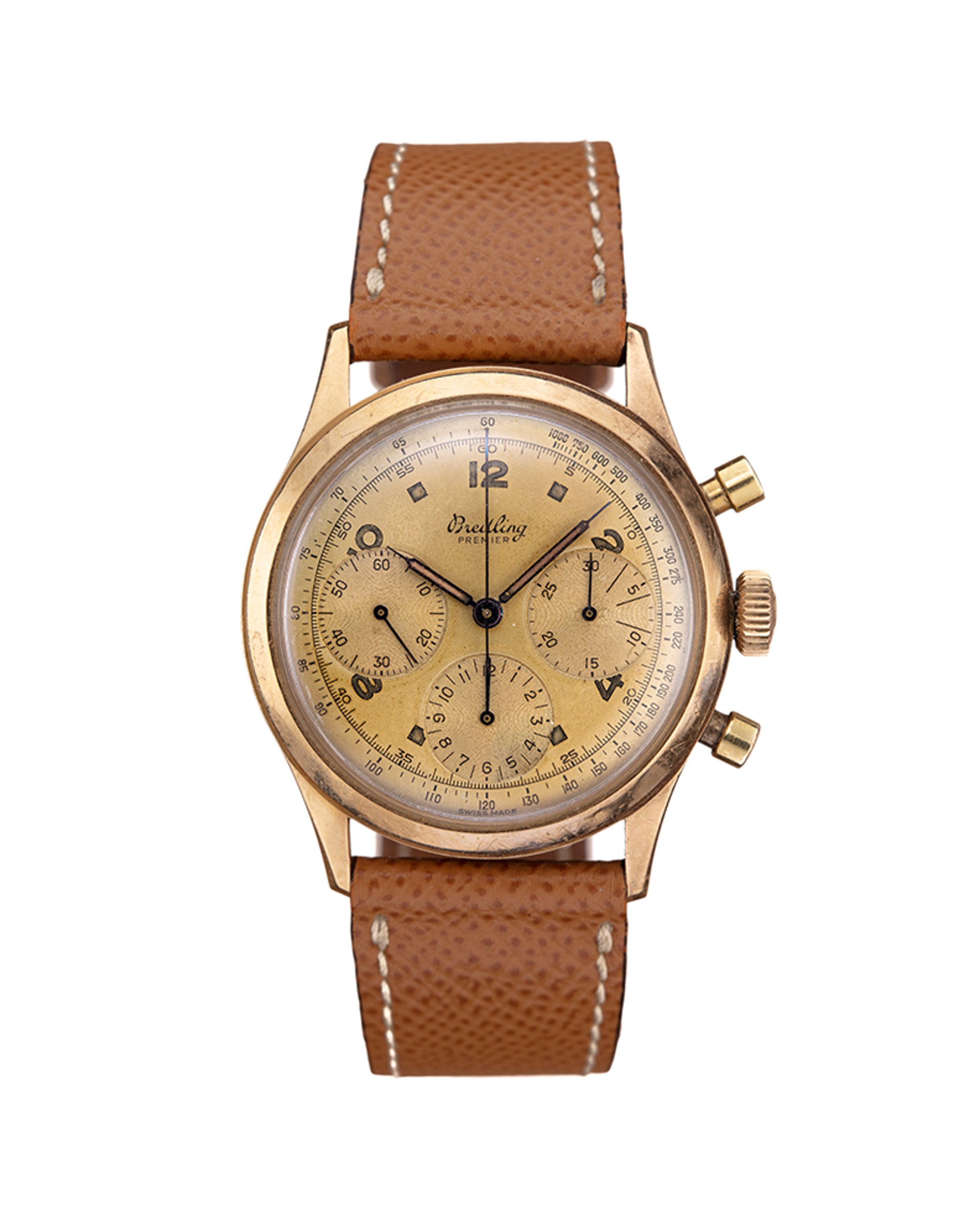 {generated} Vintage Breitling Premier Ref. 765 Venus 178 with gold‑toned dial and brown leather strap shown in a front‑facing view.