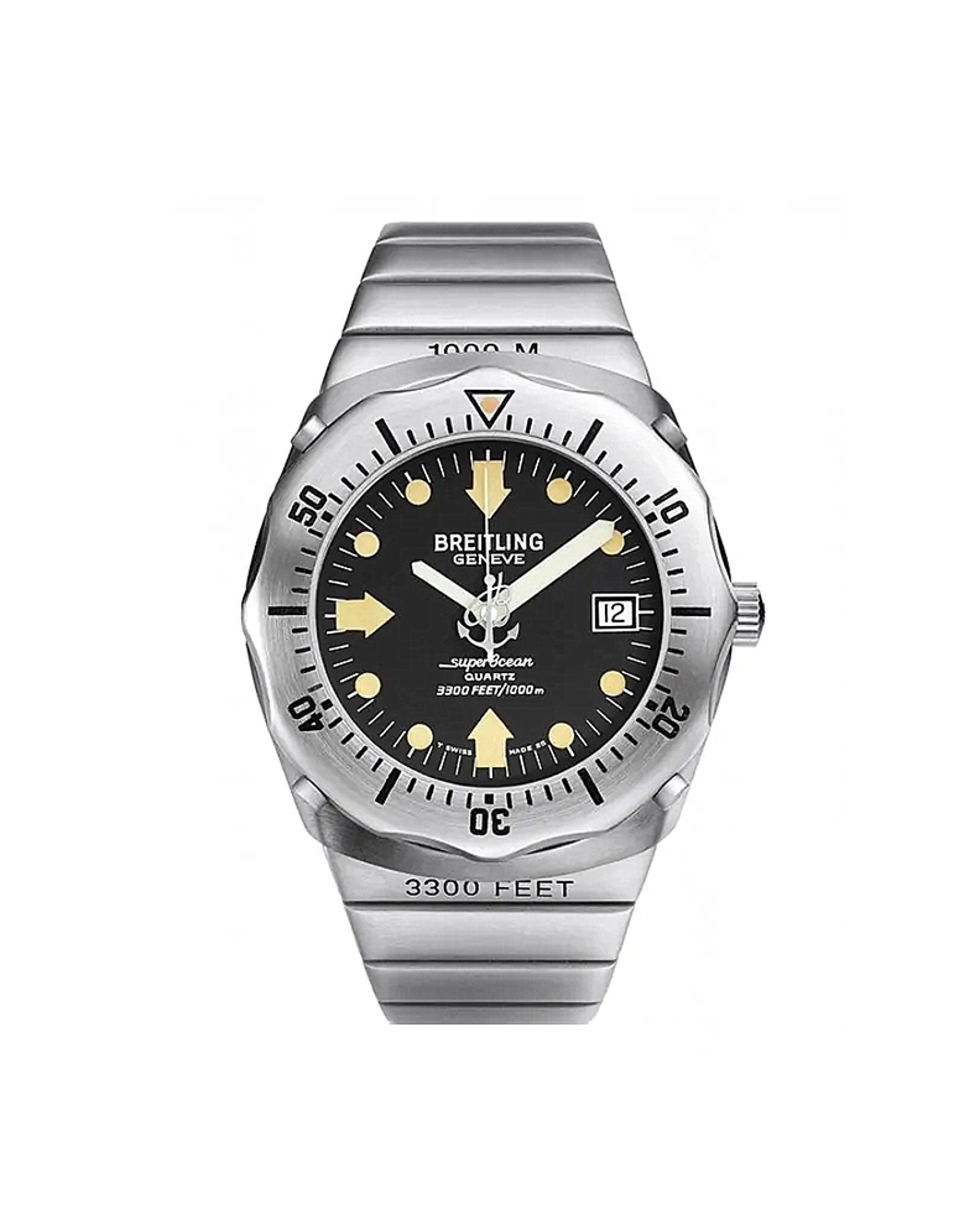 {generated} Breitling SuperOcean ref. 81190 Quartz con quadrante nero, lunetta e bracciale in acciaio, evidenziando il suo design da immersione.