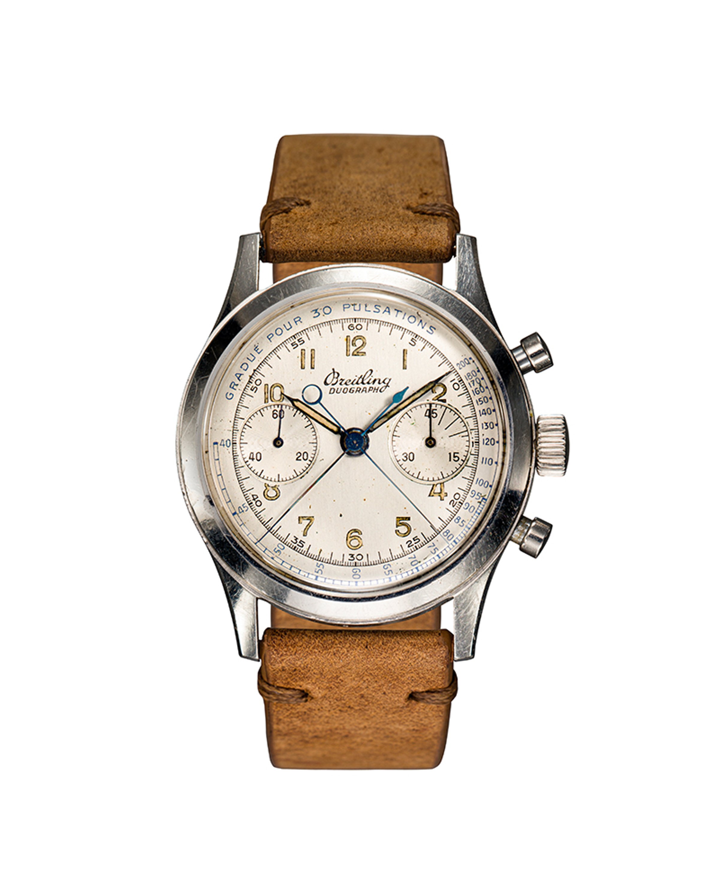 {generated} Vintage Breitling Duograph Ref.764 Venus 179 with silver dial, twin subdials and brown leather strap shown front-facing