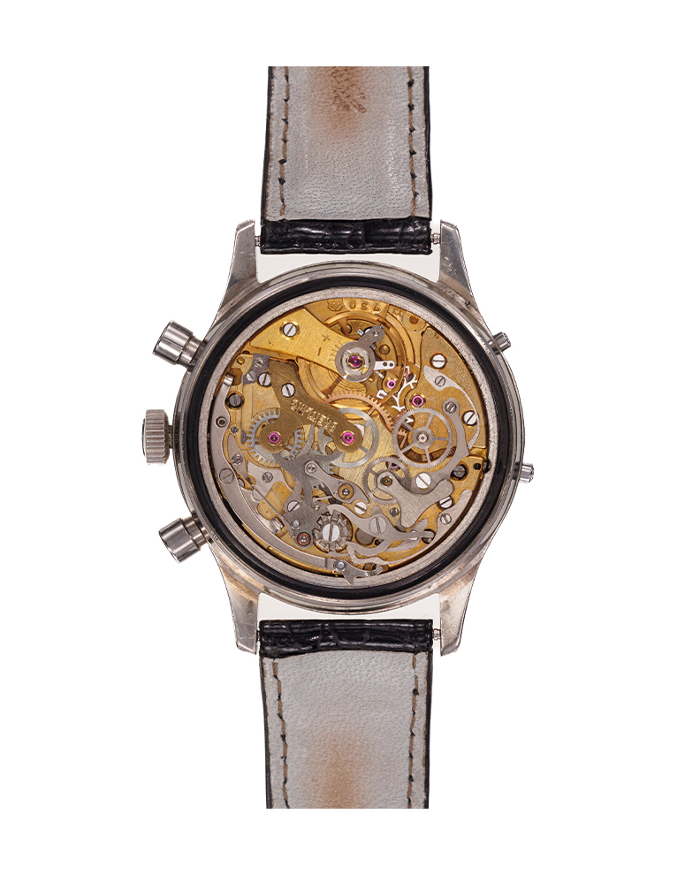 {generated} Breitling Datora ref.804 Valjoux VZHC/72C with cream dial, triple calendar display and black leather strap shown upright.