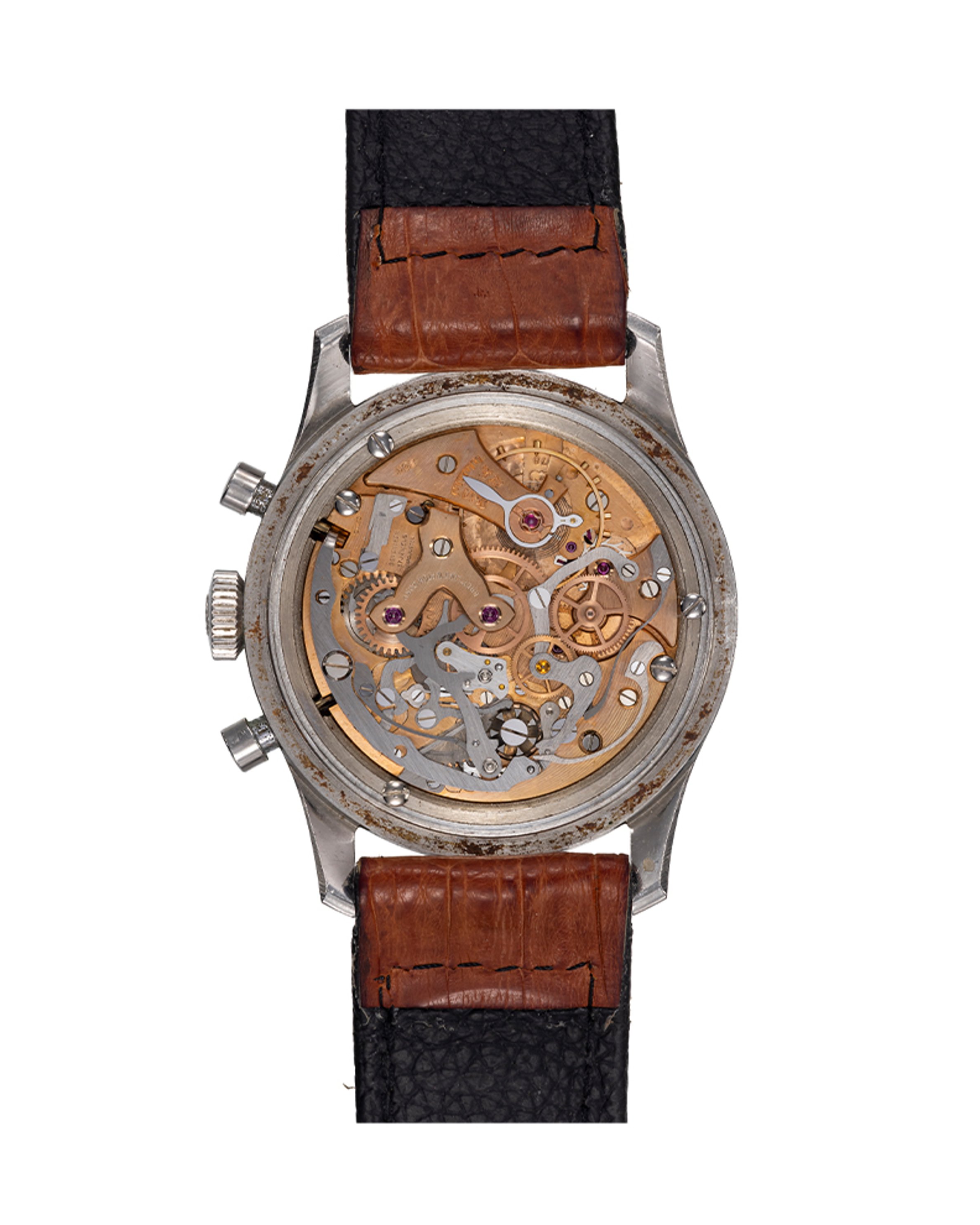 {generated} Vintage Breitling Navitimer Mk2.1 ref.806 Venus 178 shown front-on with a black dial, aged bezel and brown leather strap