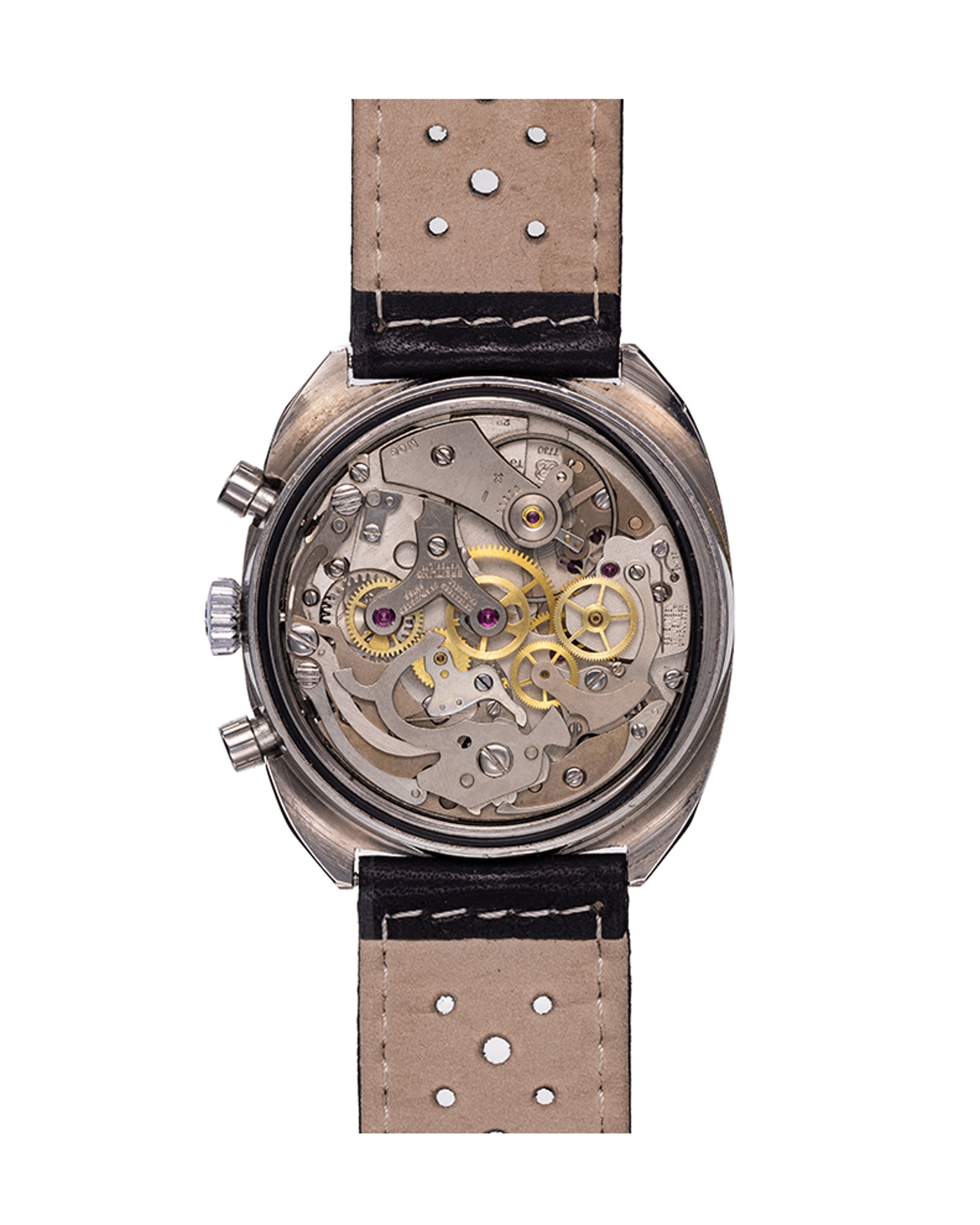 {generated} Breitling Top Time Square ref. 2011 Venus 175,搭配黑色錶盤、對比小錶盤與打孔皮革錶帶。