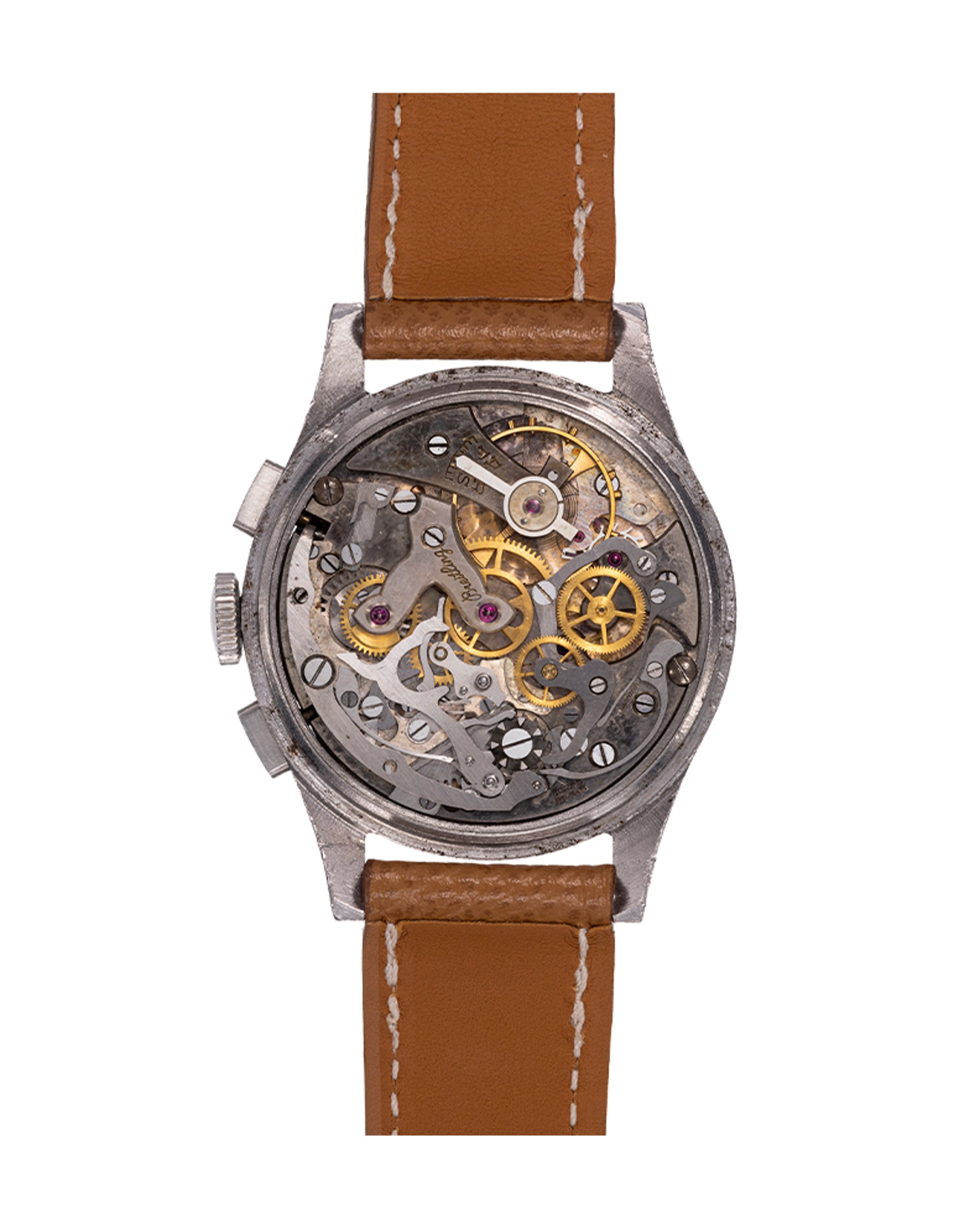 {generated} Vintage Breitling Premier ref.760 Venus 175 chronograph featuring a cream dial, twin subdials and a tan leather strap displayed.