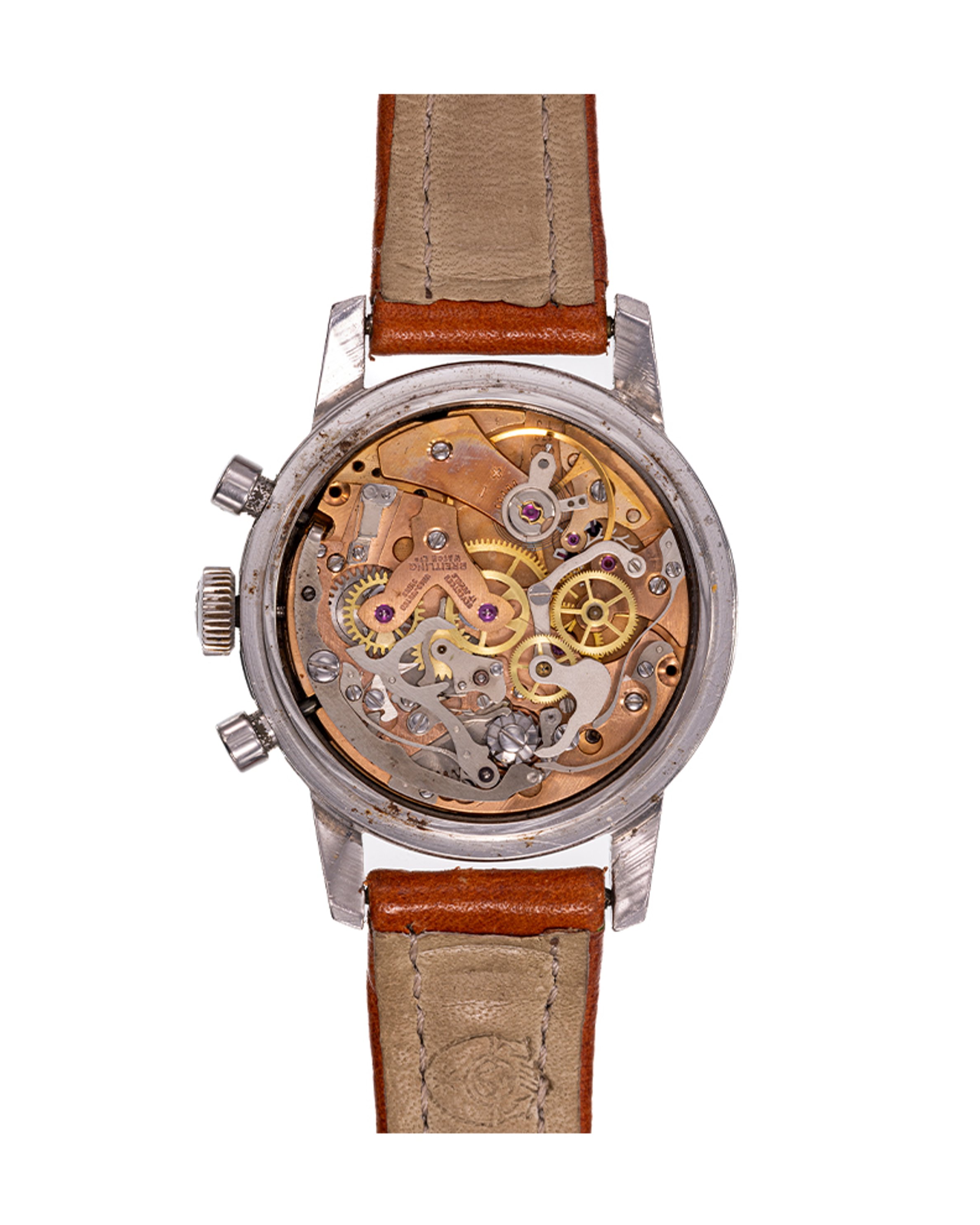 {generated} Breitling Top Time ref.824 Venus 178,採黑色錶盤、米色小錶盤、紅色計時指針與棕色皮革錶帶