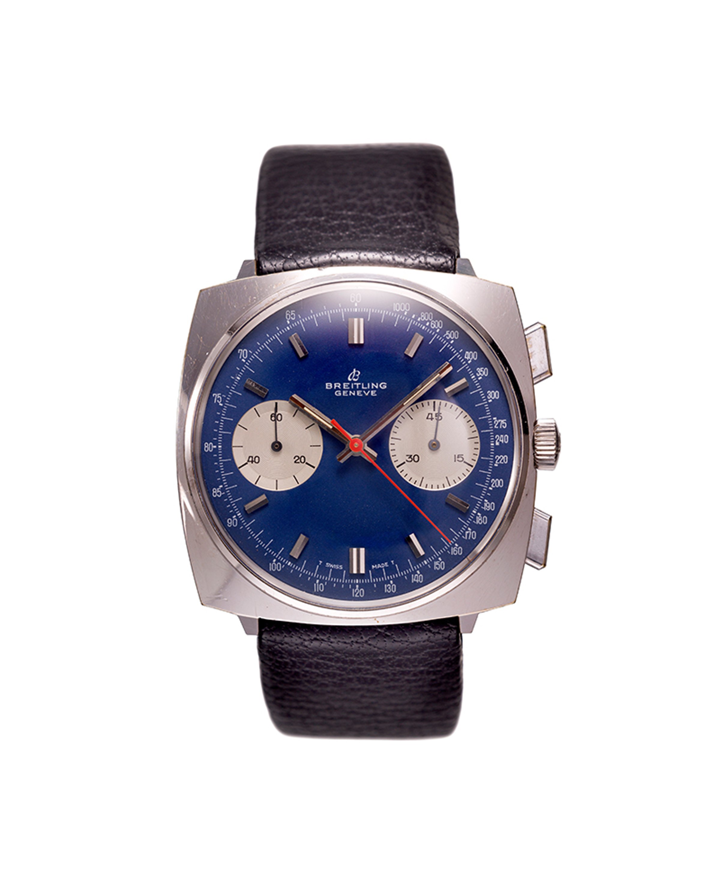 {generated} Breitling Top Time Square ref.2006 Valjoux 7730,藍色錶盤、雙計時盤與黑色皮革錶帶的正面展示。