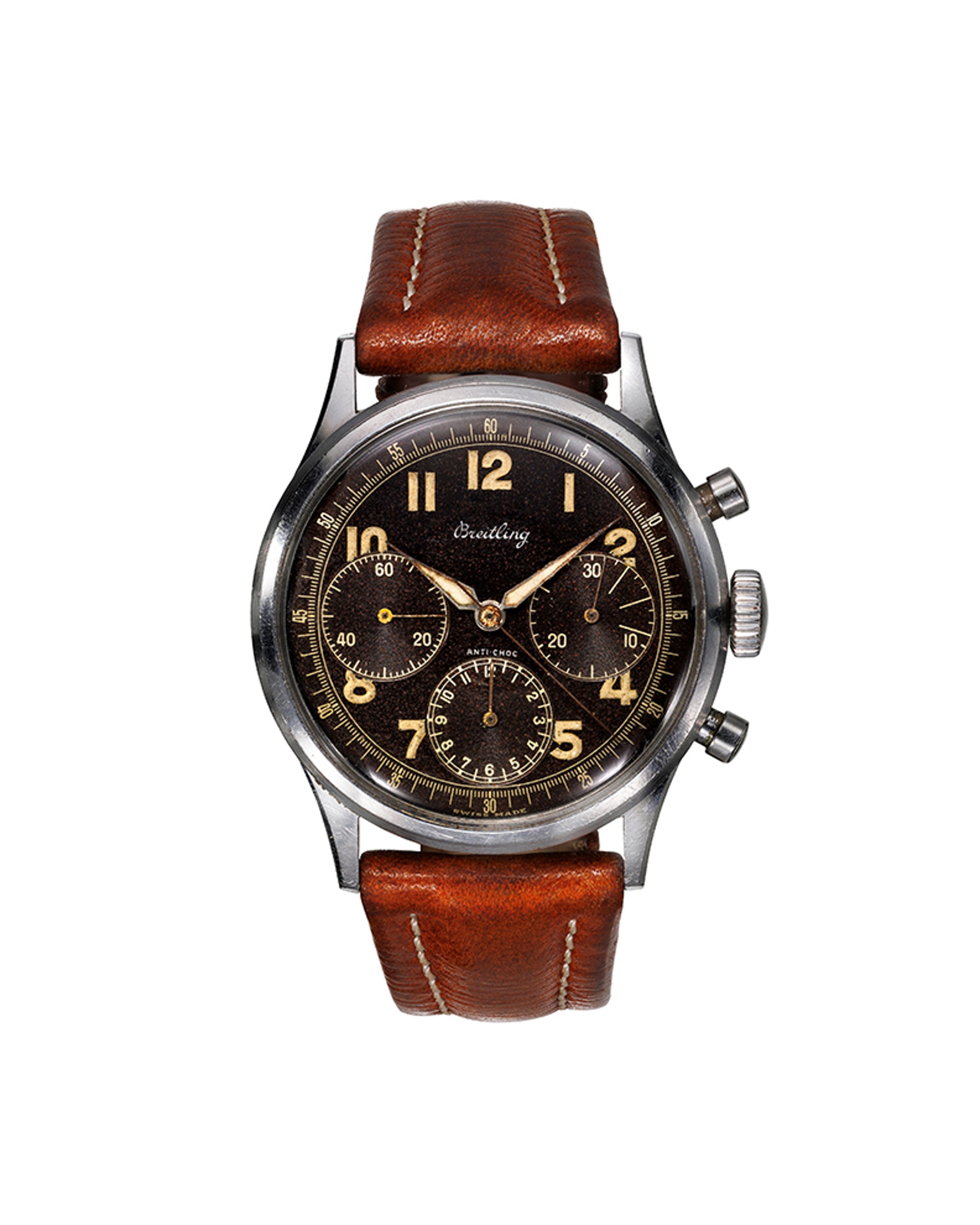 {generated} Vintage Breitling Premier Huit ref 765 Venus 178 chronograph with black dial and brown leather strap shown frontally
