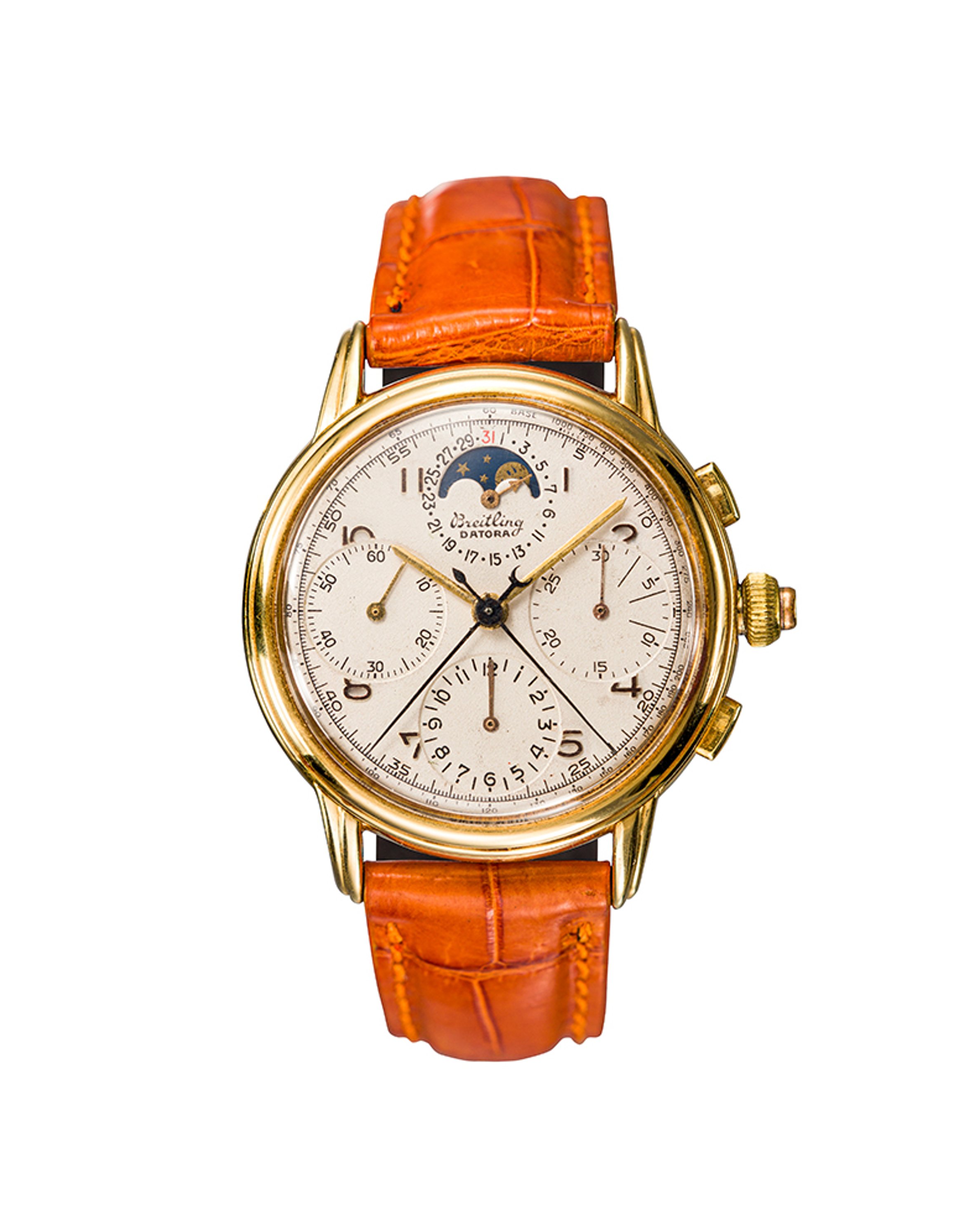 {generated} Vintage Breitling Datora Duograph ref 800/766 L Venus 195 featuring a gold case, moonphase display and orange leather strap